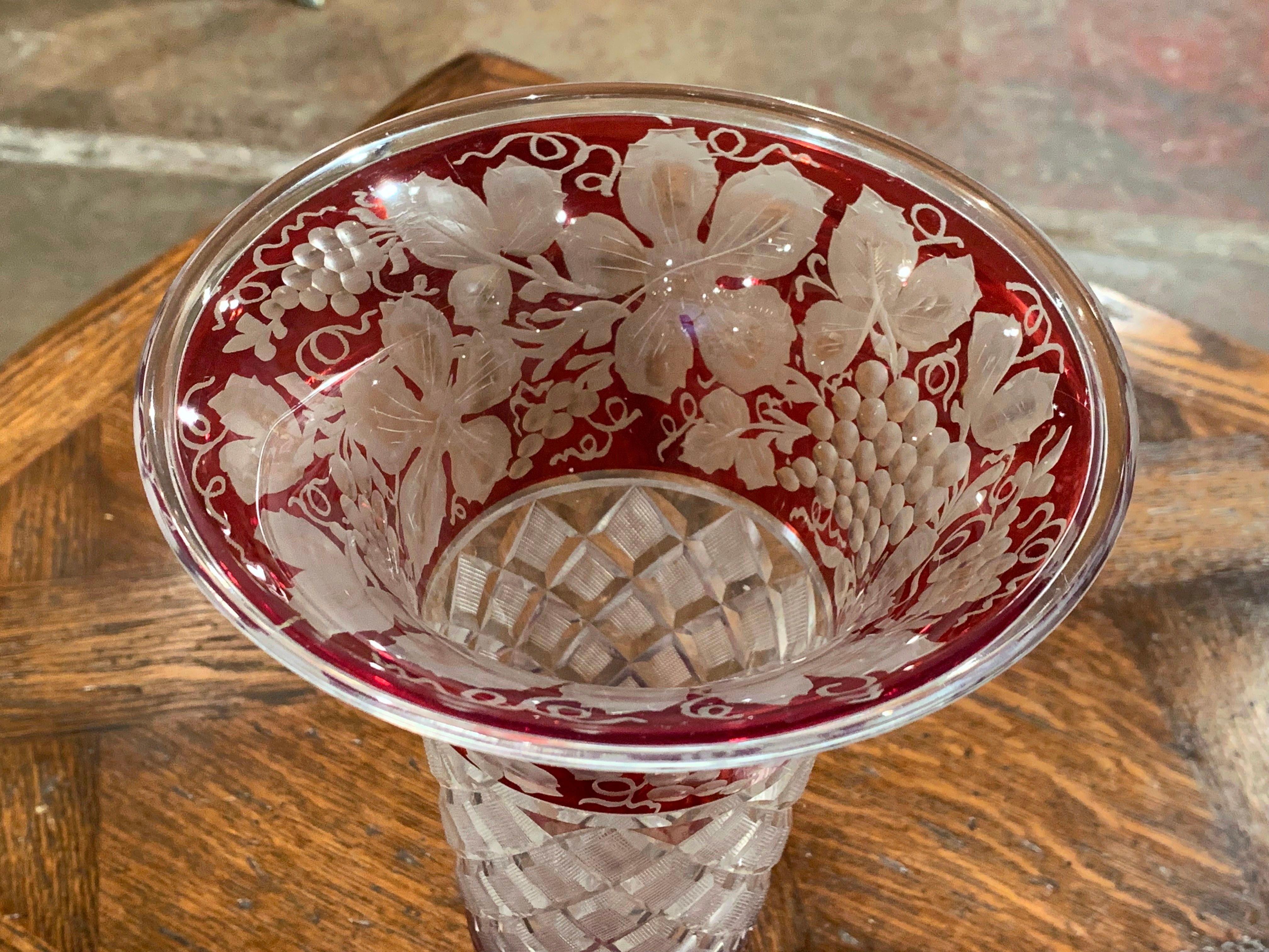 Early 20th Century French Crystal Saint Louis Vase with Red Painted Vine Motifs 2