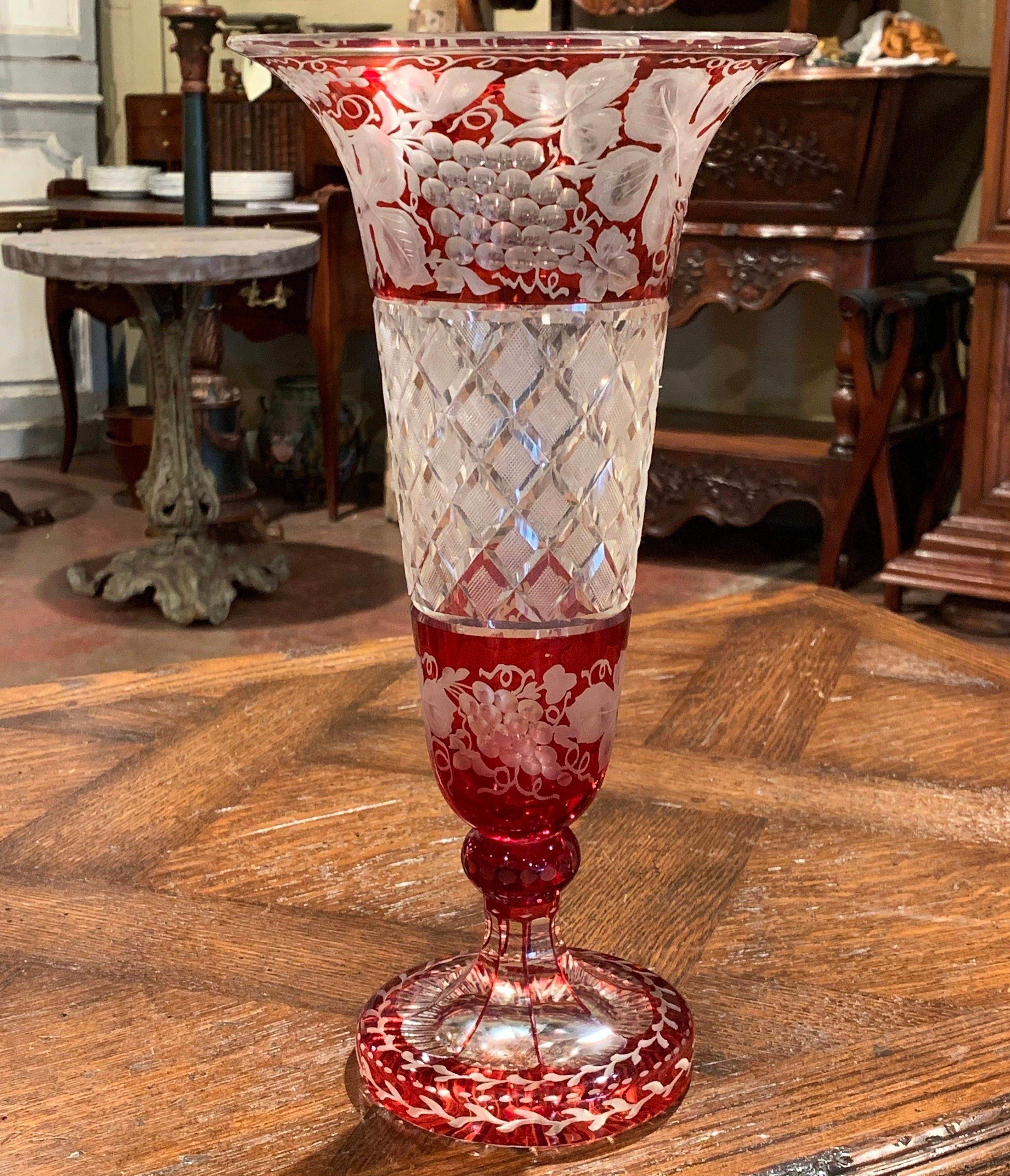 Early 20th Century French Crystal Saint Louis Vase with Red Painted Vine Motifs 3