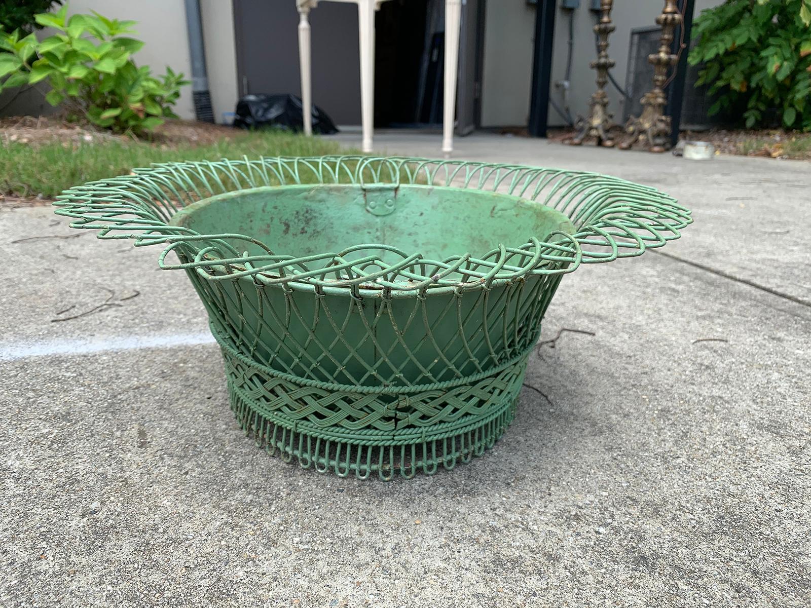 Early 20th Century French Custom Painted Wire Planter or Cachepot, Labeled 10