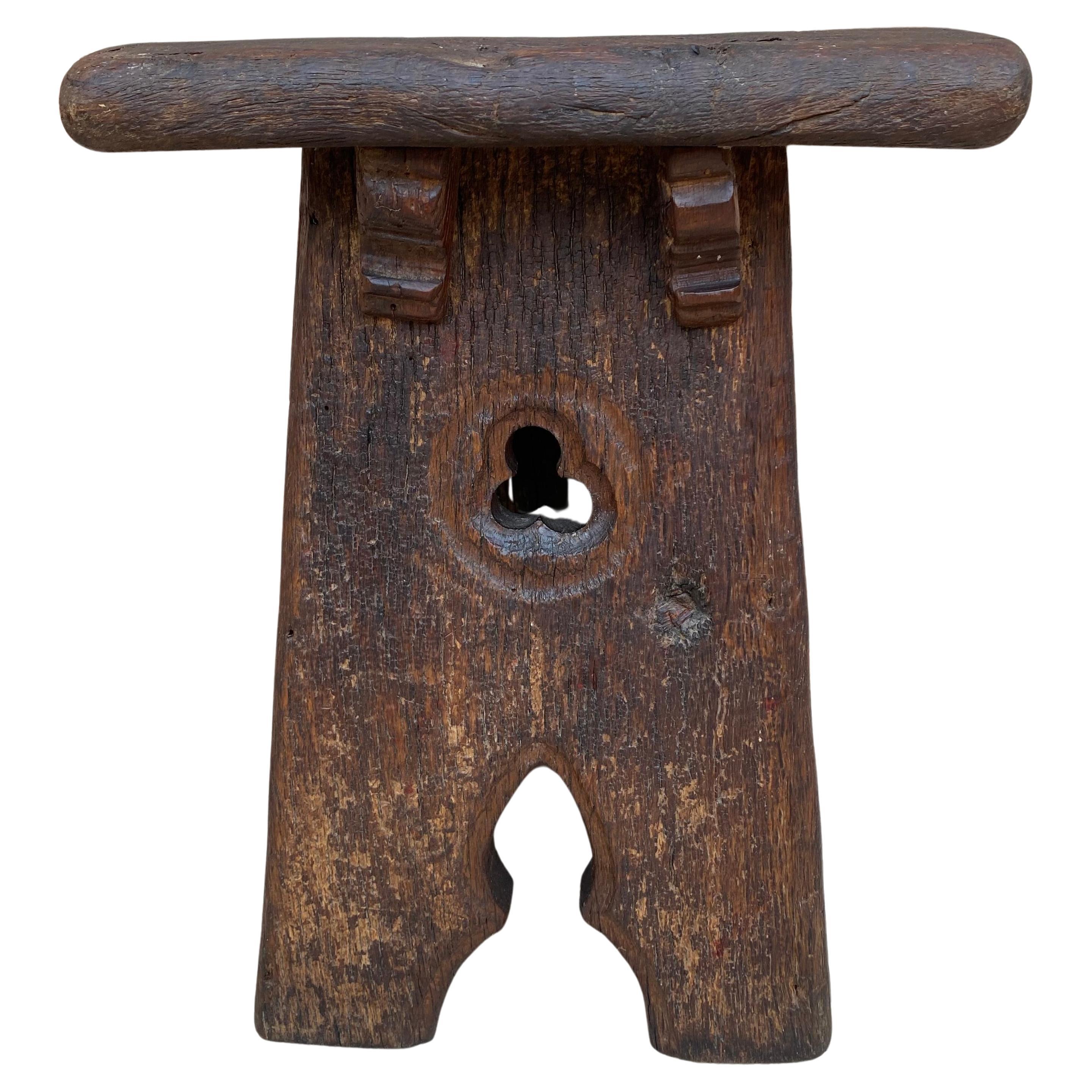 Early 20th Century French Dark Oak Stool, 1910s