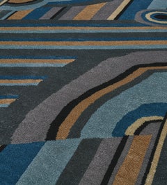 Handwoven Art Deco Wool Rug, French Design, Abstract Stripes