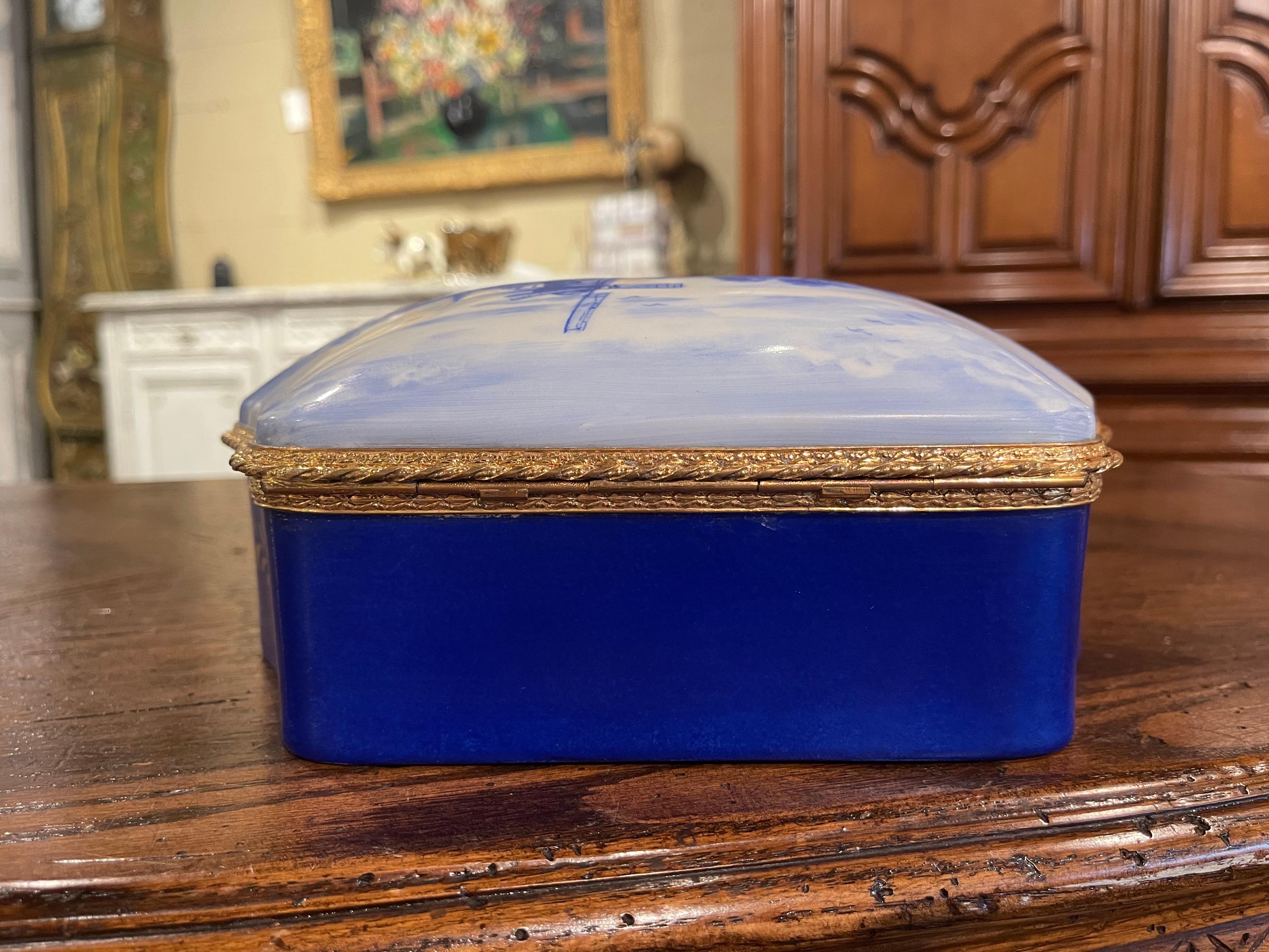 Early 20th Century French Delft Style Painted Porcelain and Brass Jewelry Box 3
