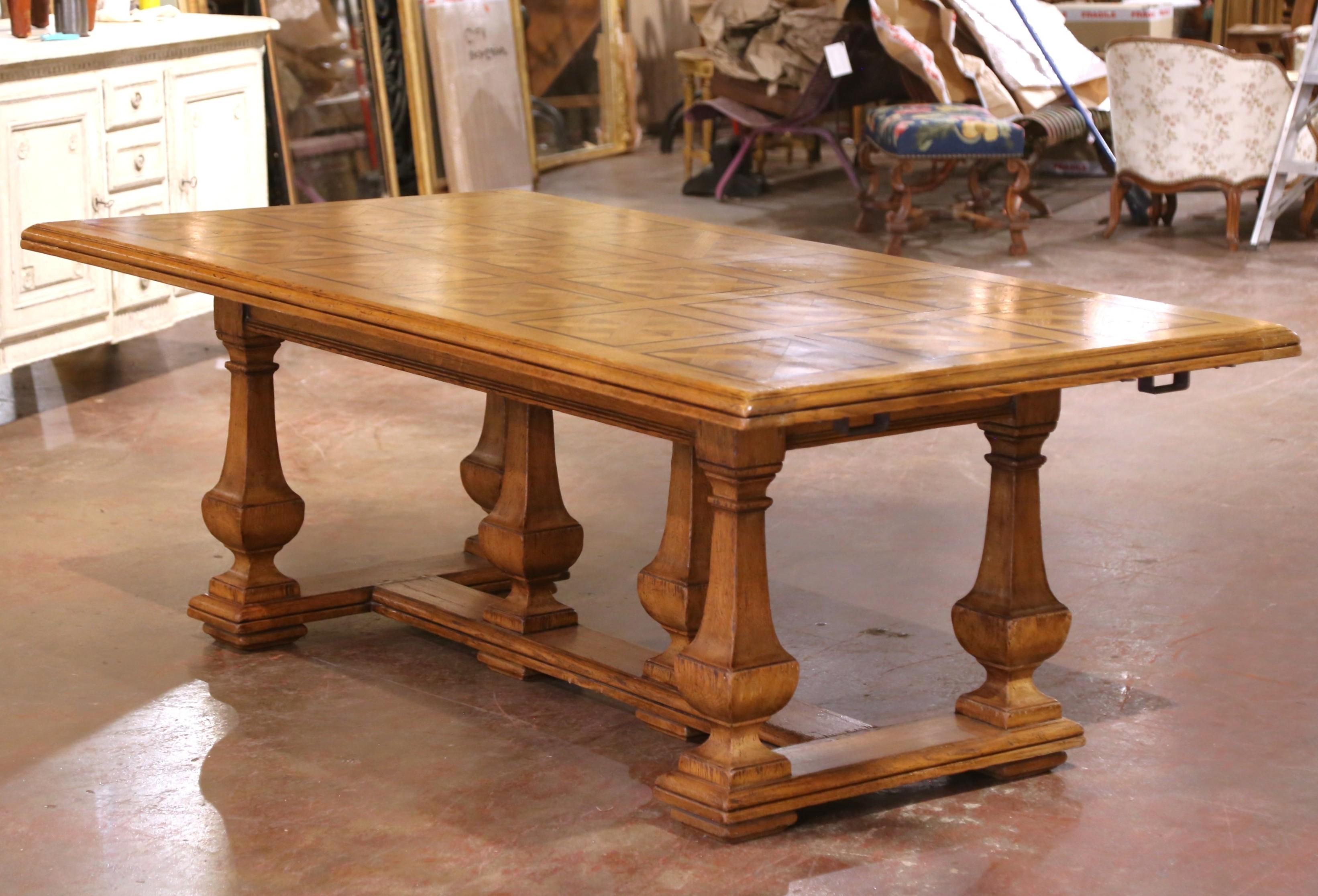 Oak Early 20th Century French Dining Table with Parquetry Top and Two Leaves For Sale
