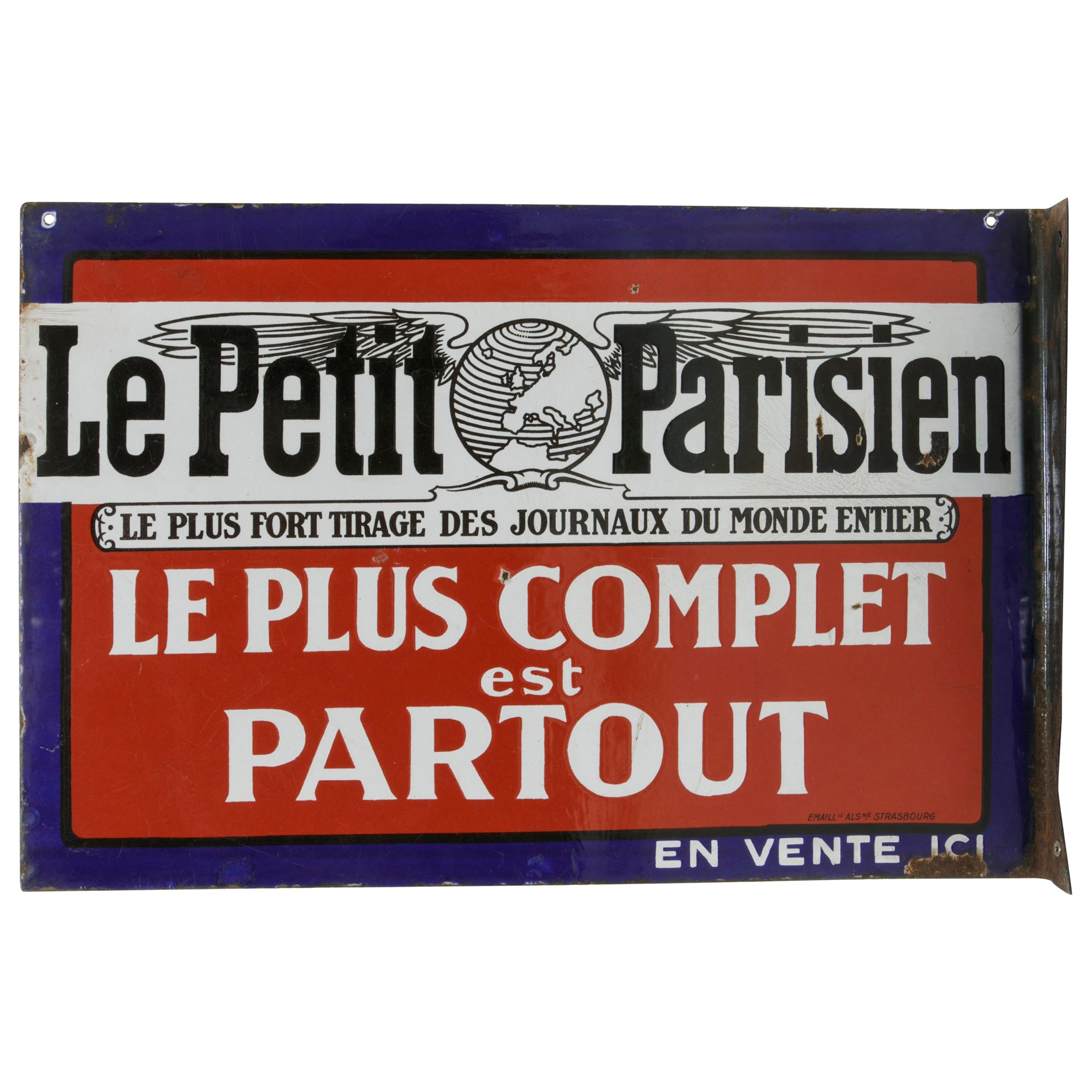 Early 20th Century French Double Faced Enameled Metal Sign for Le Petit Parisien