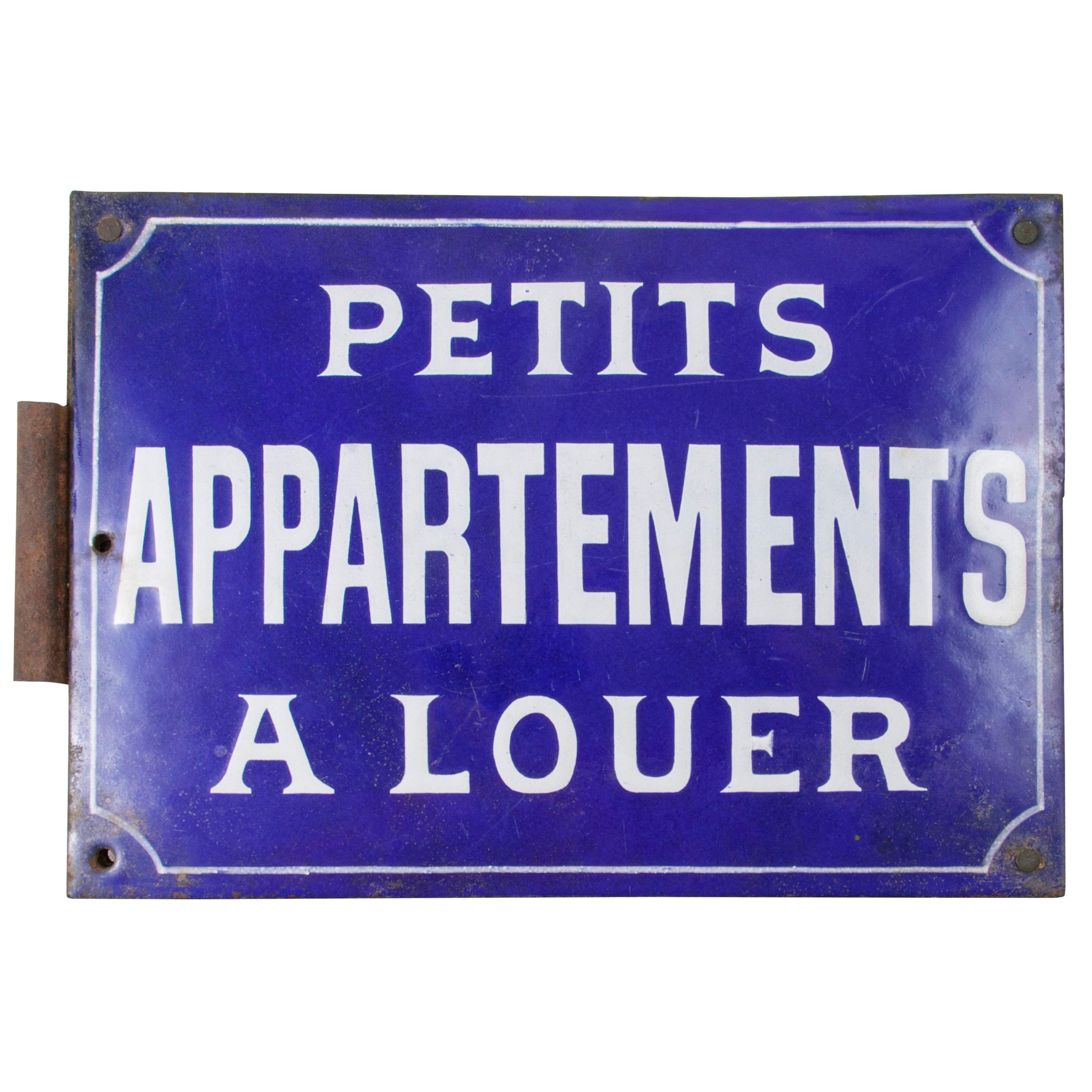 Early 20th Century French Double Sided Enameled Little Apartments for Rent Sign
