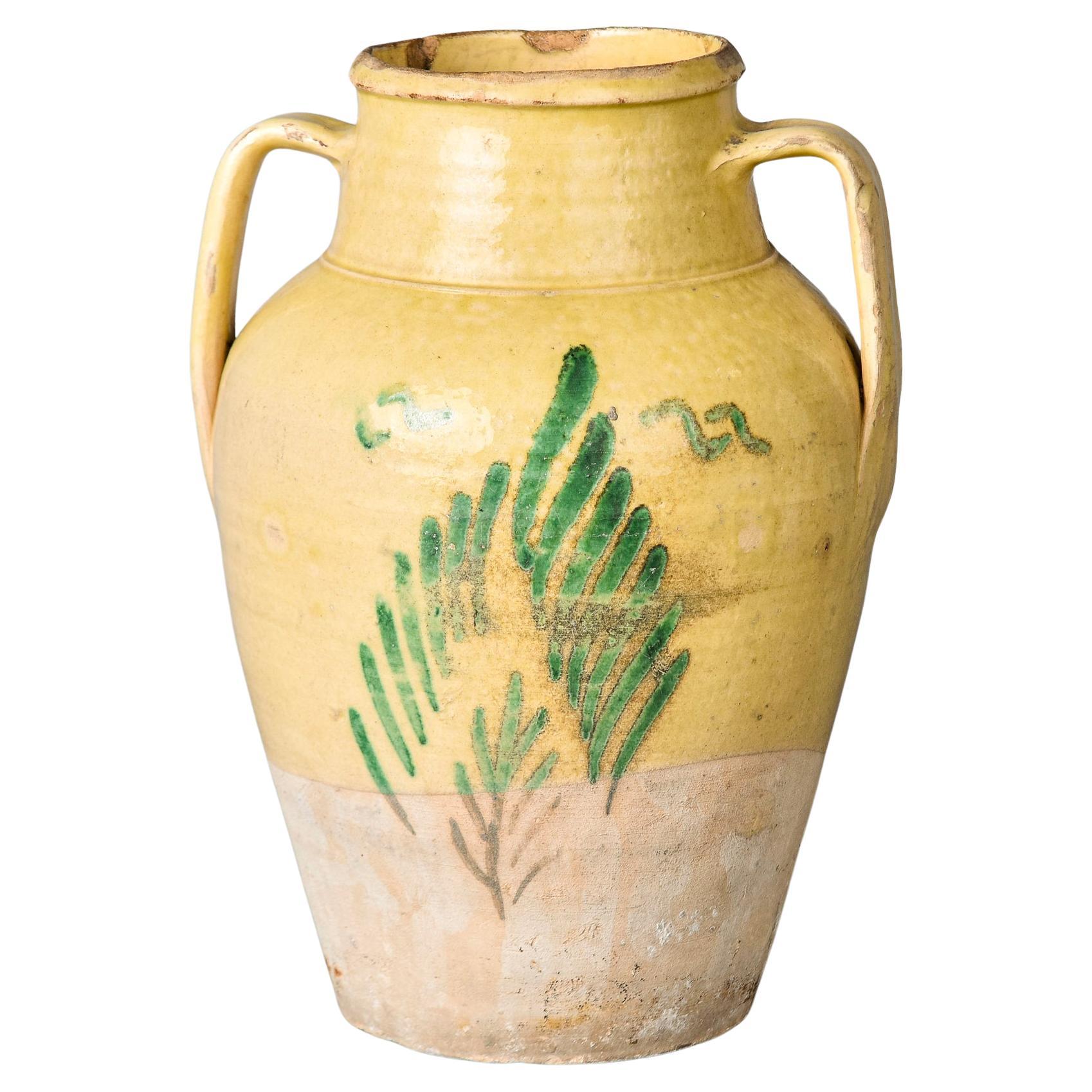 Early 20th Century French Earthenware Pot with Handles and Green Branches   