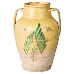 Early 20th Century French Earthenware Pot with Handles and Green Branches   