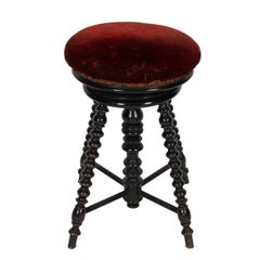 Early 20th Century French Ebonised 'Bobbin' Stool with Red Velvet Seat