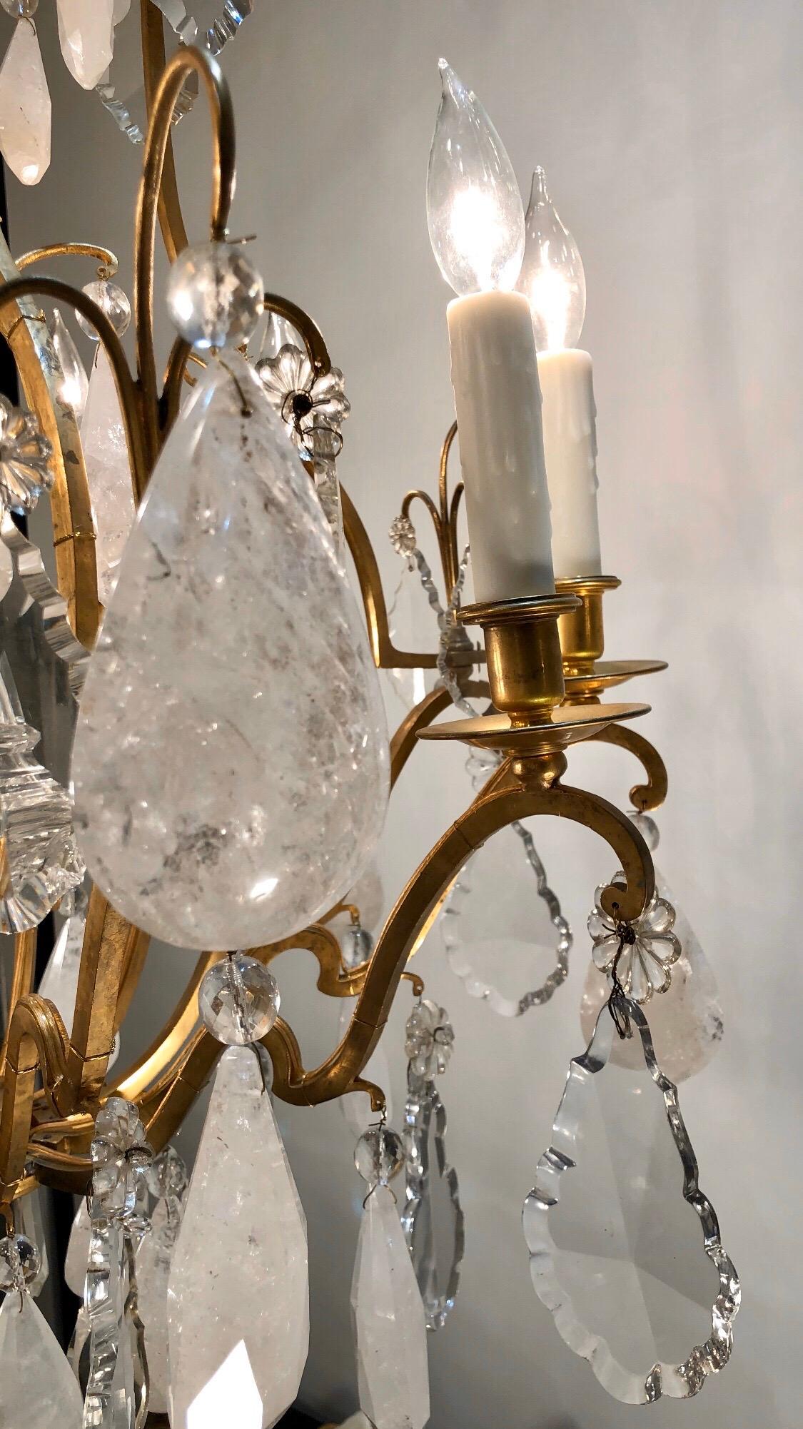 Early 20th Century French Eight Arm Rock Crystal and Gilt Bronze Chandelier For Sale 4