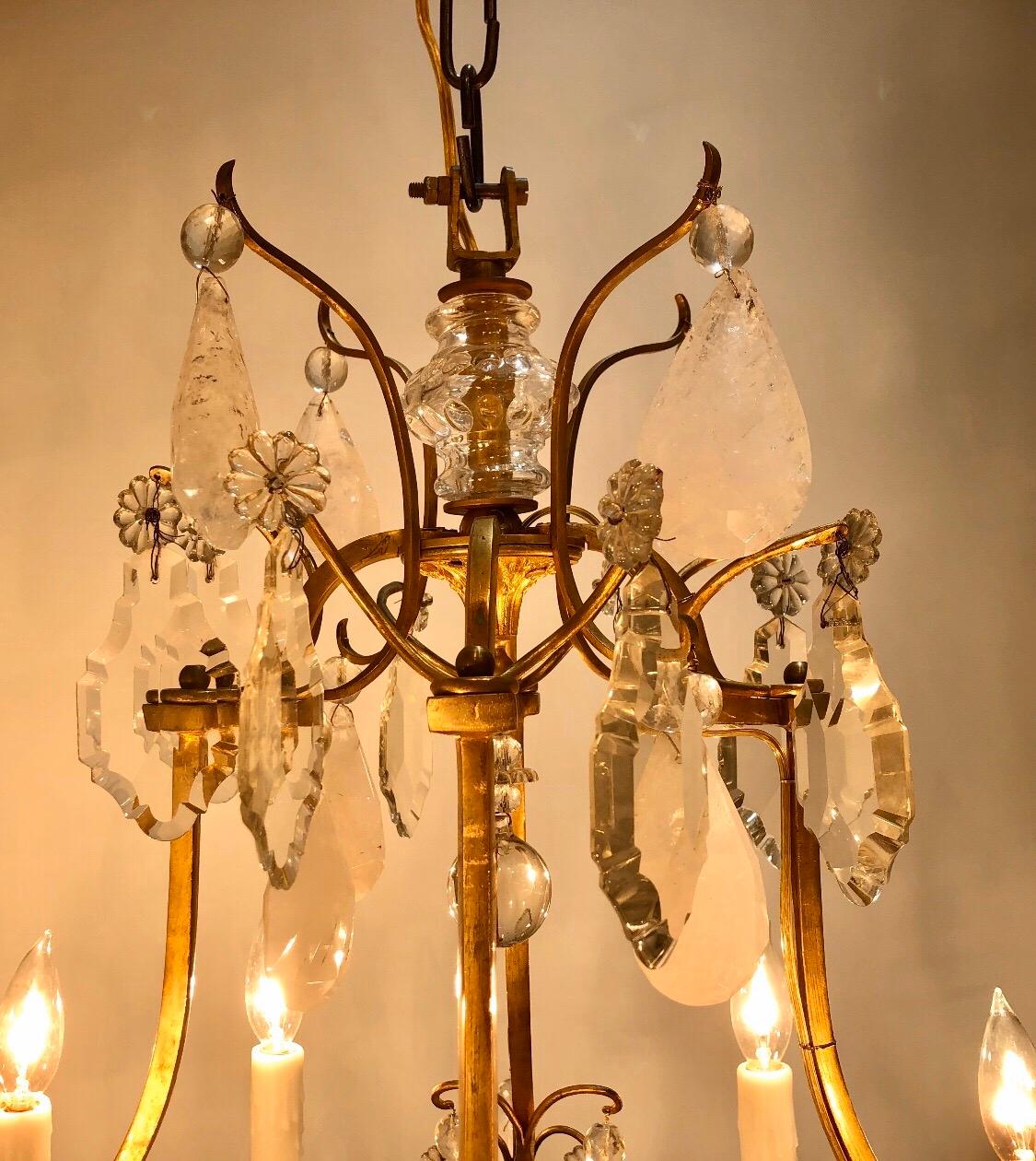 Early 20th Century French Eight Arm Rock Crystal and Gilt Bronze Chandelier For Sale 5