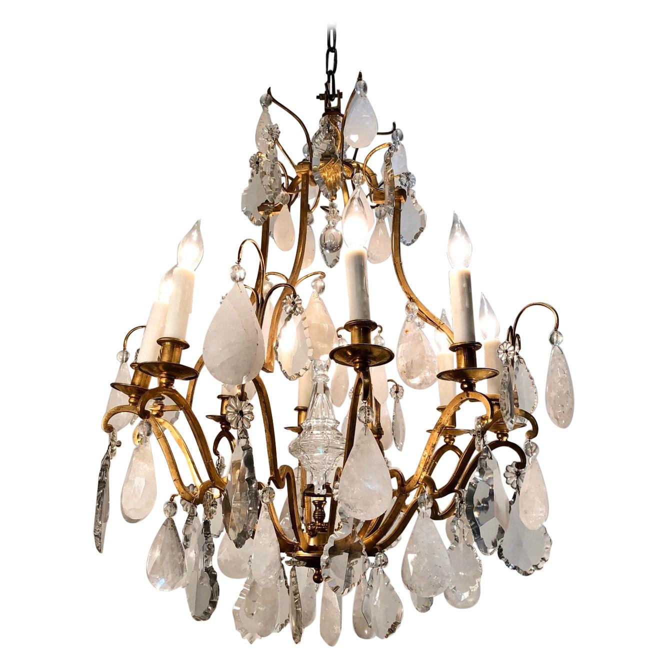 Early 20th Century French Eight Arm Rock Crystal and Gilt Bronze Chandelier