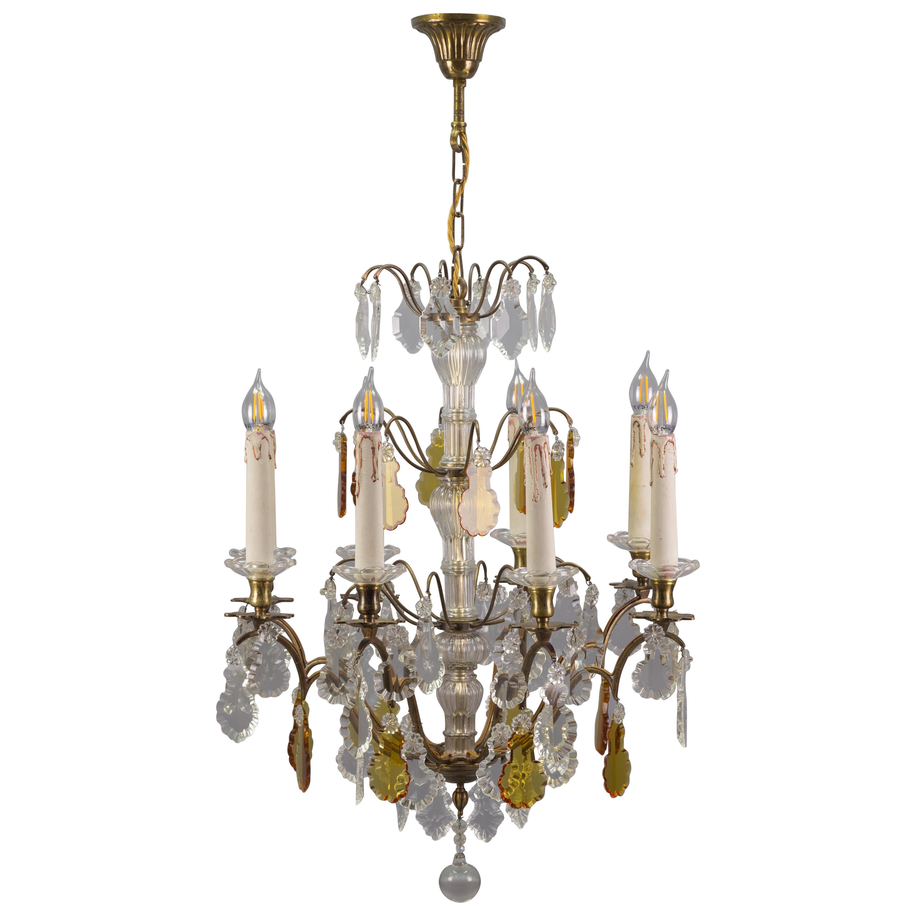 Lustre français du début du XXe siècle à huit lumières en verre de cristal et laiton
