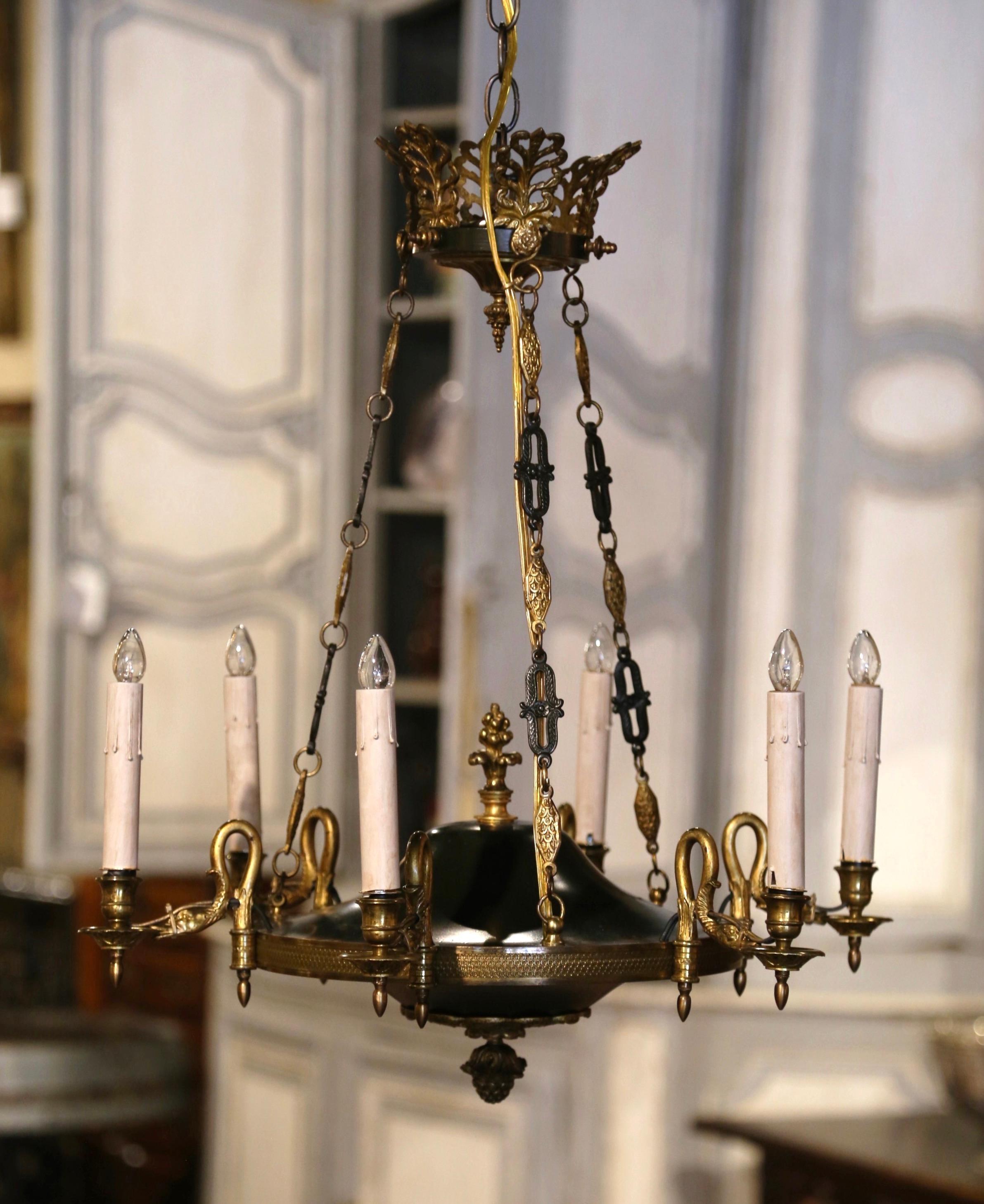 Early 20th Century French Empire Gilt and Patinated Bronze Six-Light Chandelier For Sale 2
