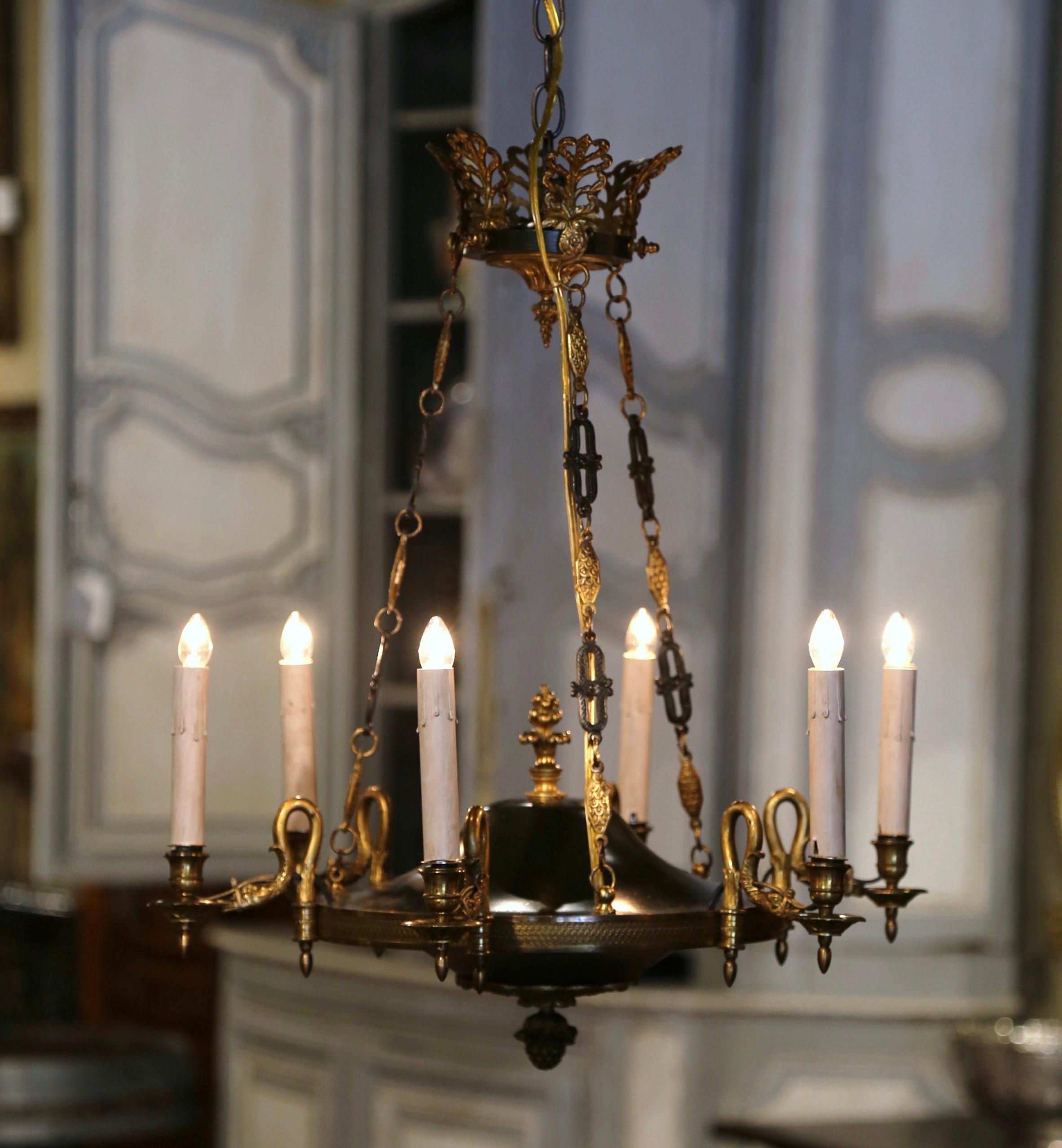 Early 20th Century French Empire Gilt and Patinated Bronze Six-Light Chandelier For Sale 3