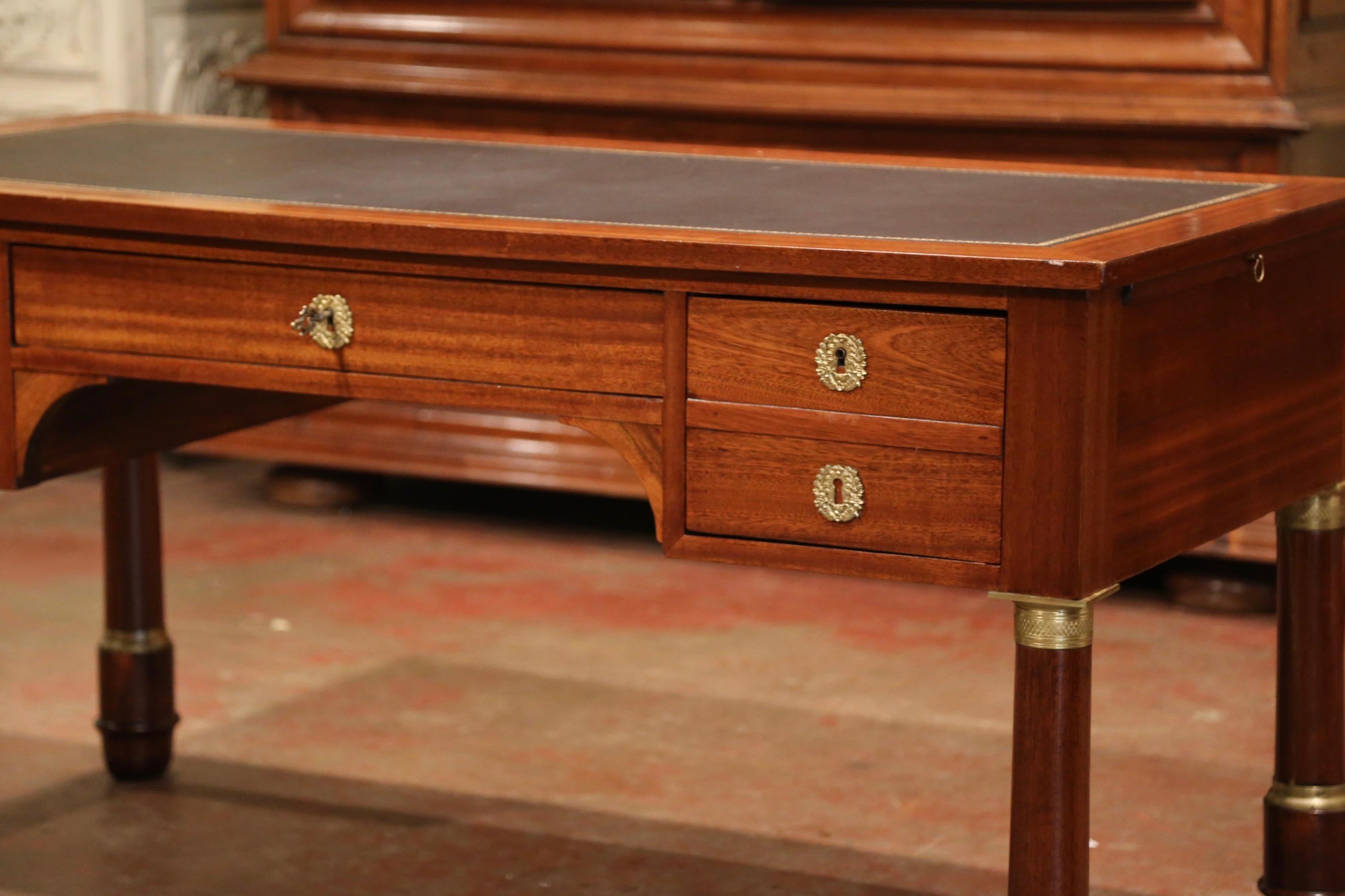 Early 20th Century French Empire Mahogany Desk with Embossed Leather Top In Excellent Condition In Dallas, TX