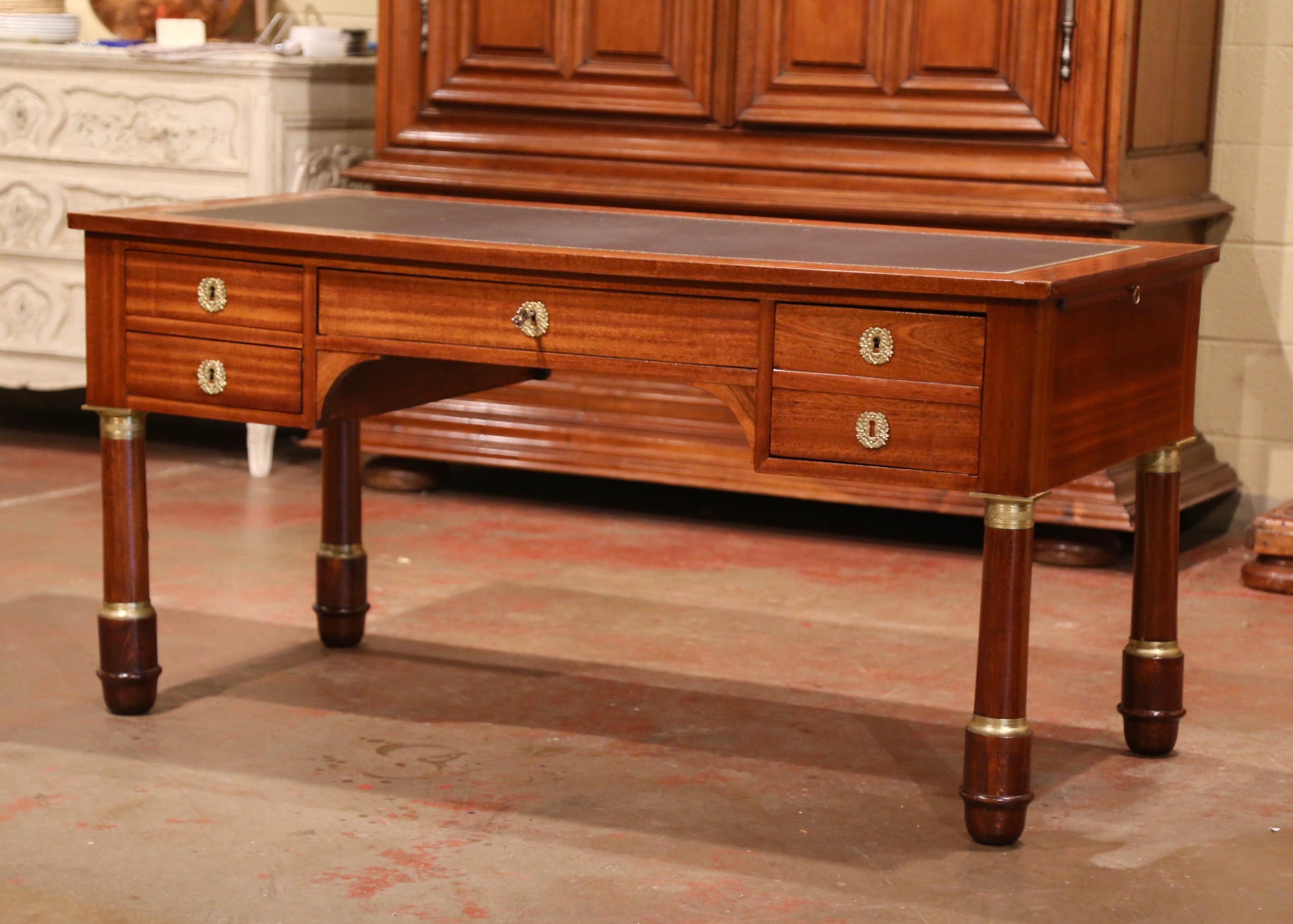 Early 20th Century French Empire Mahogany Desk with Embossed Leather Top 1
