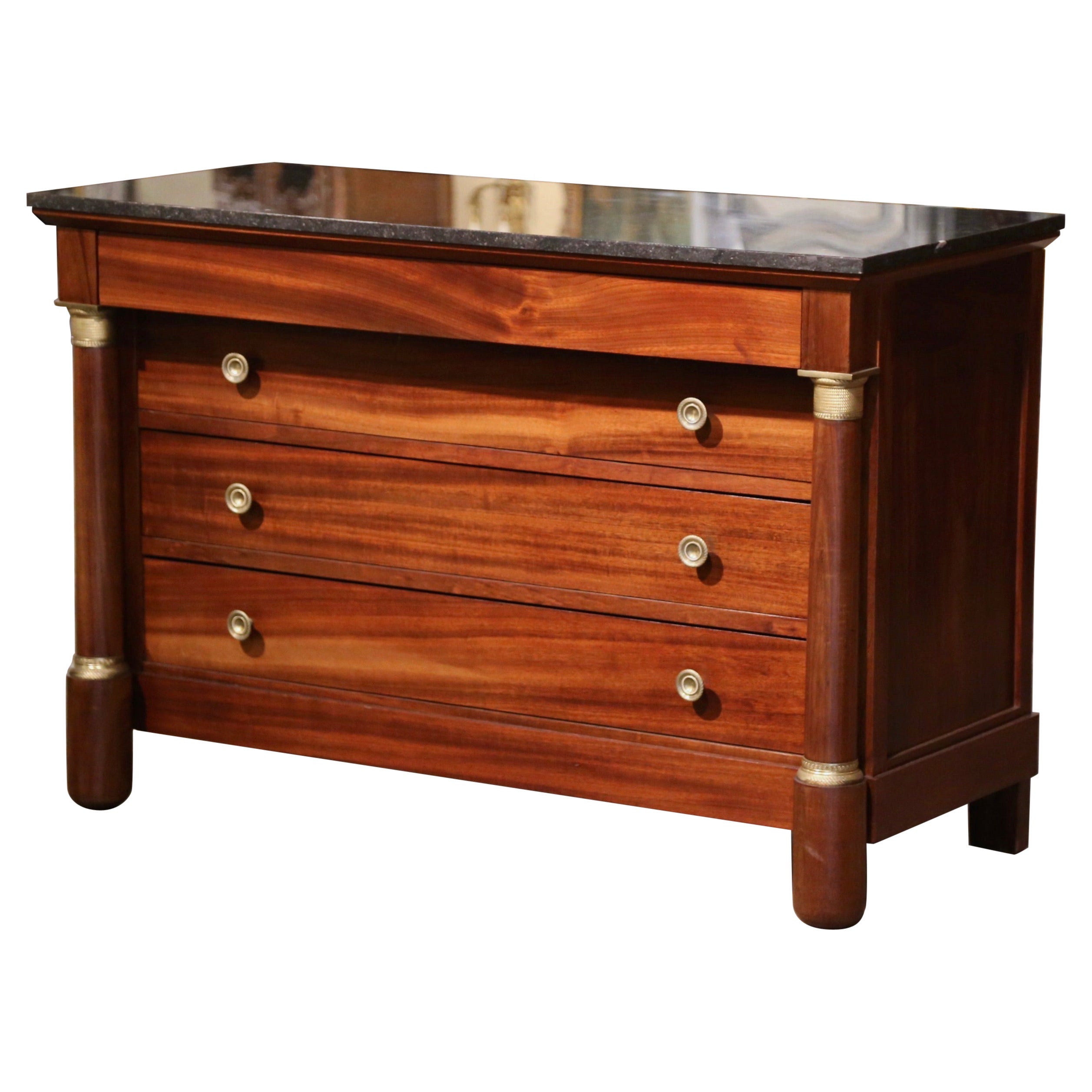 Early 20th Century French Empire Marble Top Carved Walnut Four-Drawer Chest