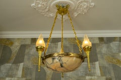 Early 20th Century French Empire Style Alabaster and Bronze Six-Light Chandelier