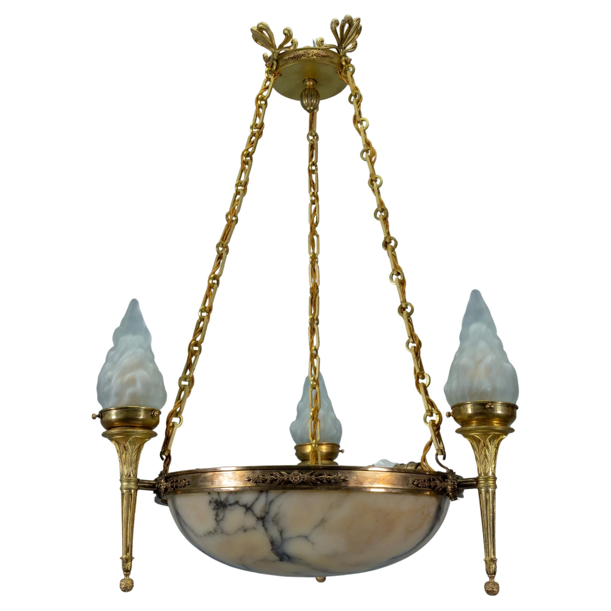 Early 20th Century French Empire Style Alabaster and Bronze Six-Light Chandelier For Sale