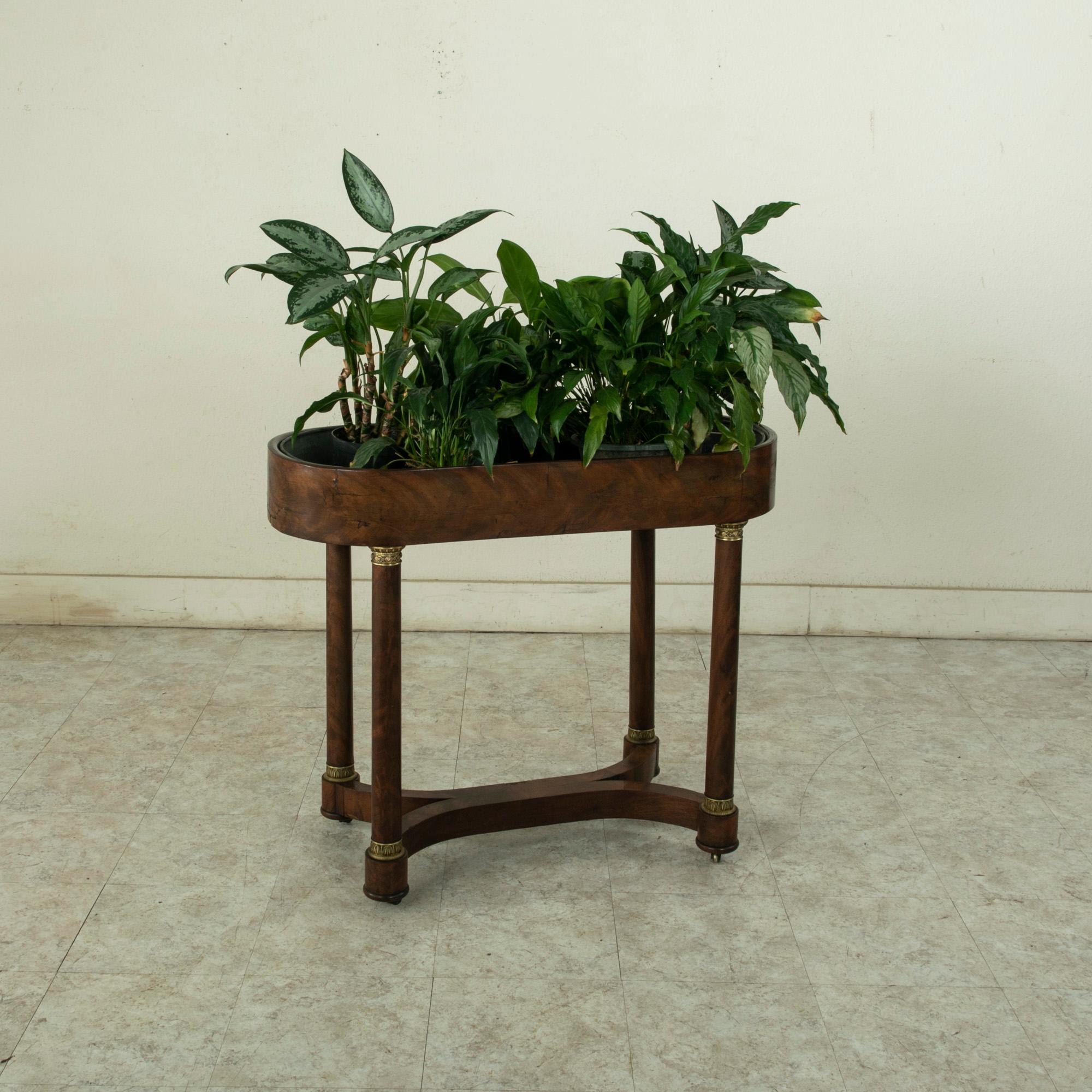 This French Empire style planter or jardiniere from the early twentieth century features a mahogany base supported by four columns finished with bronze banding at their bases and capitals. The bronze elements are detailed with Egyptian water leaves