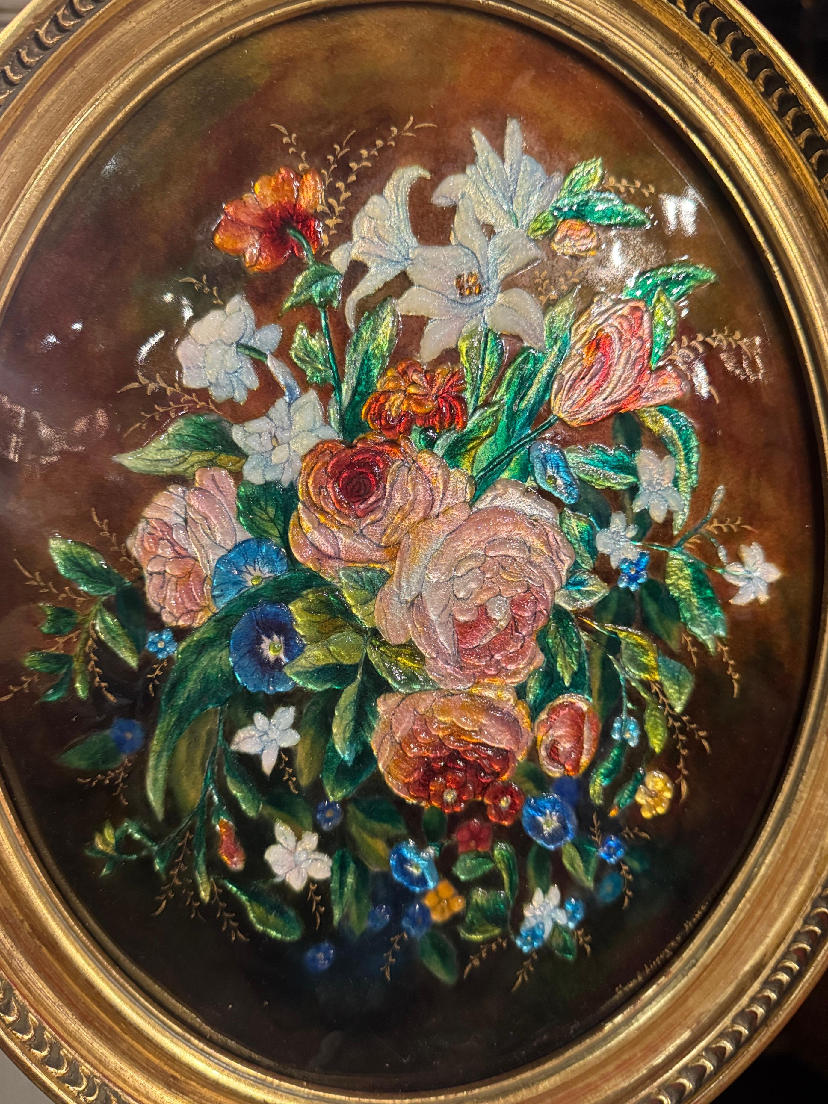 Placa de pared esmaltada francesa de principios del siglo XX Decoración floral Firmada Camille Fauré Art Decó en venta