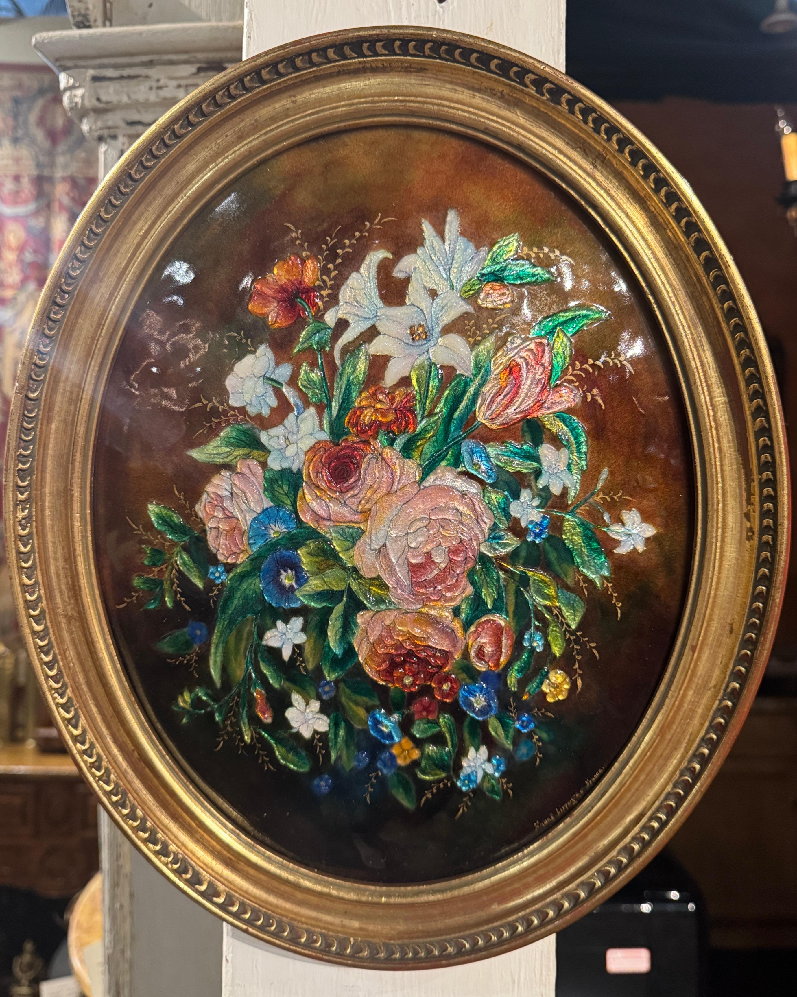 Anfang des 20. Jahrhunderts Französisch Emaille Wandtafel Floral Decor Signiert Camille Fauré im Zustand „Hervorragend“ im Angebot in Dallas, TX