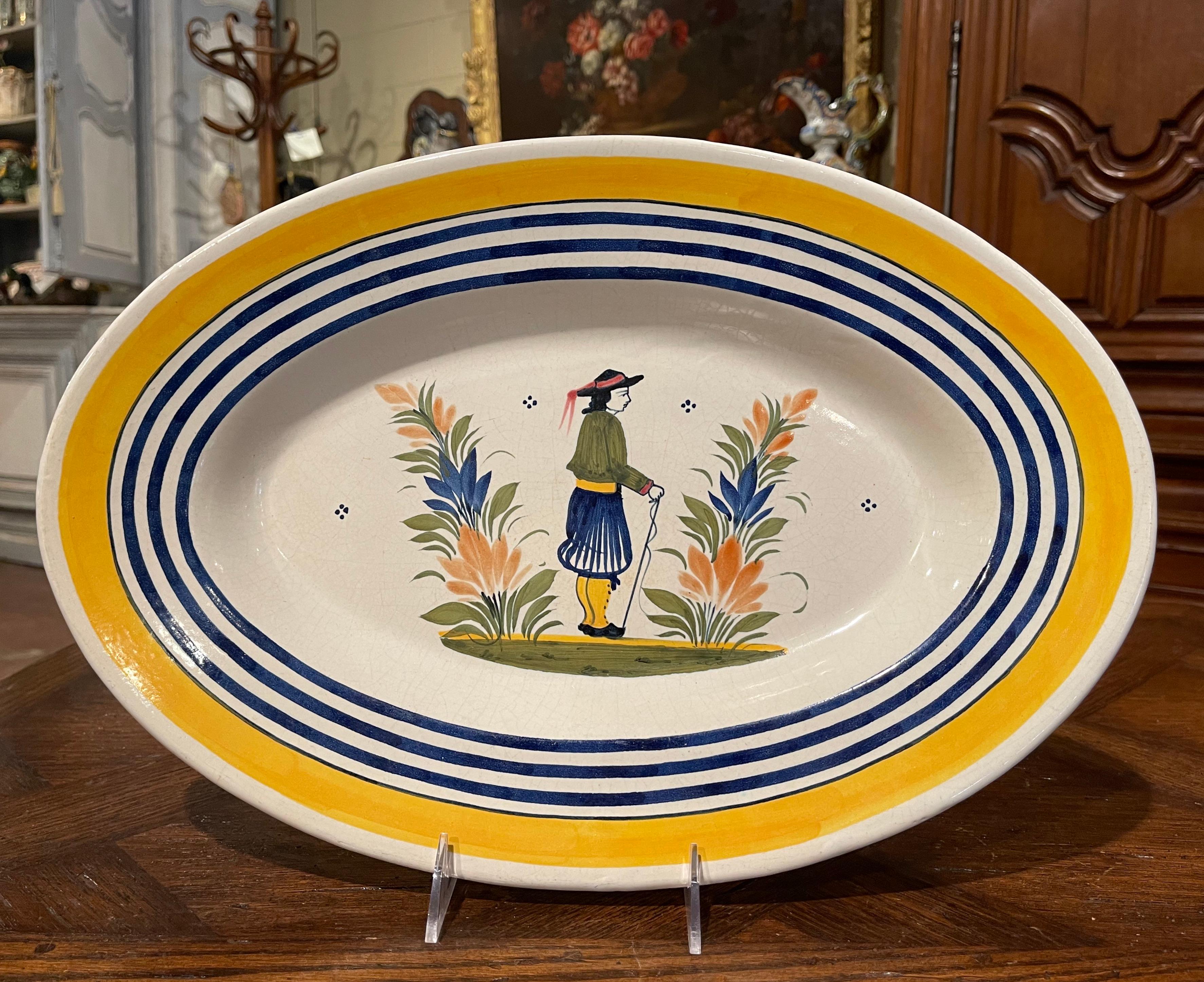 Early 20th Century French Faience Oval Wall Platter Signed Henriot Quimper In Excellent Condition In Dallas, TX