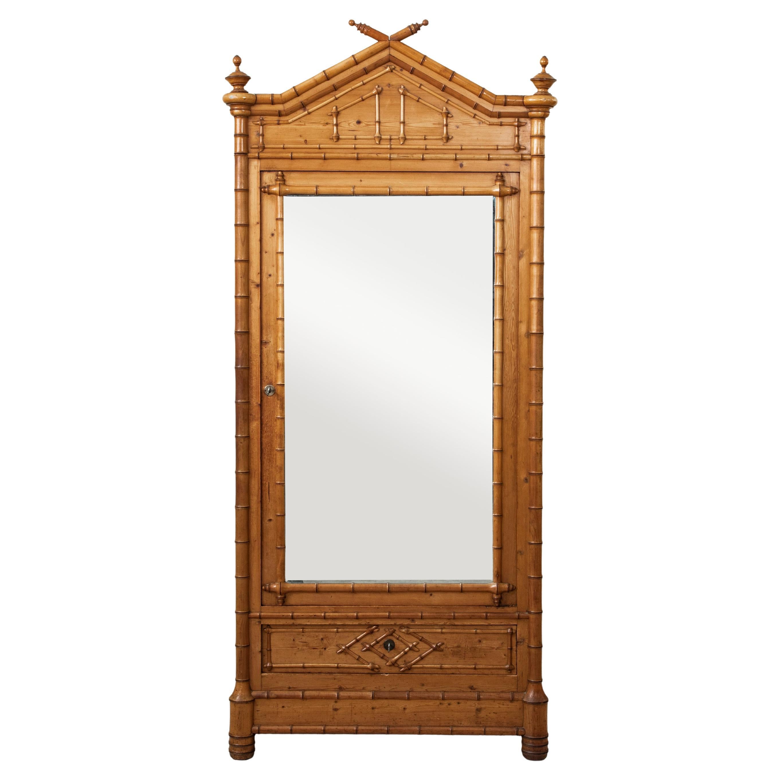 Early 20th Century French Faux Bamboo Armoire or Wardrobe with Mirror, 88-inch H