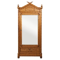 Antique Early 20th Century French Faux Bamboo Armoire or Wardrobe with Mirror, 88-inch H
