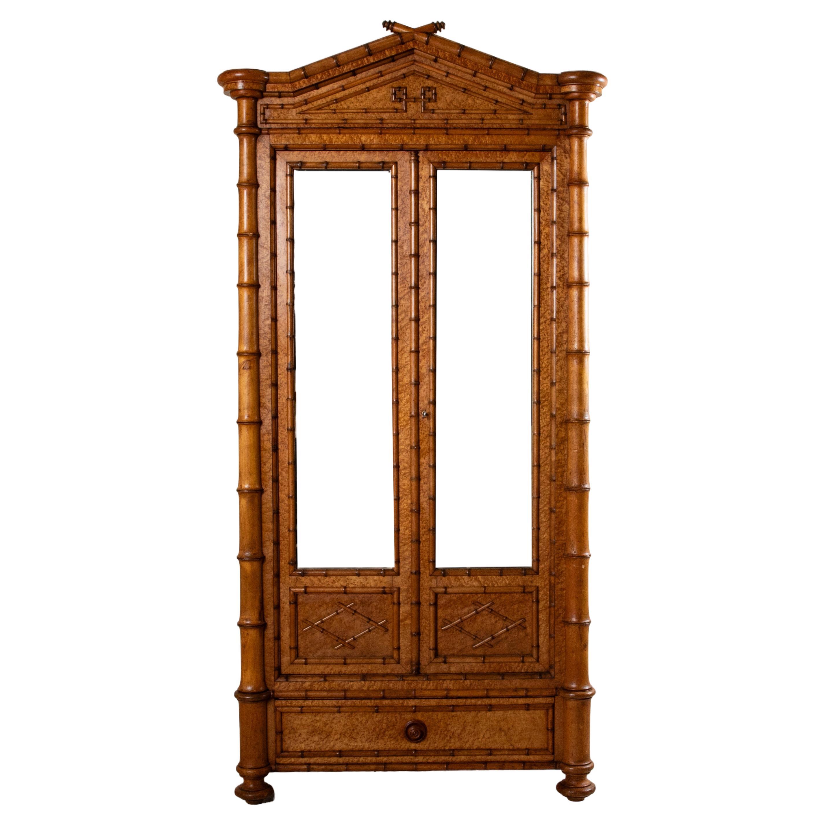 Early 20th Century French Faux Bamboo Armoire or Wardrobe with Mirrors, 96-in H