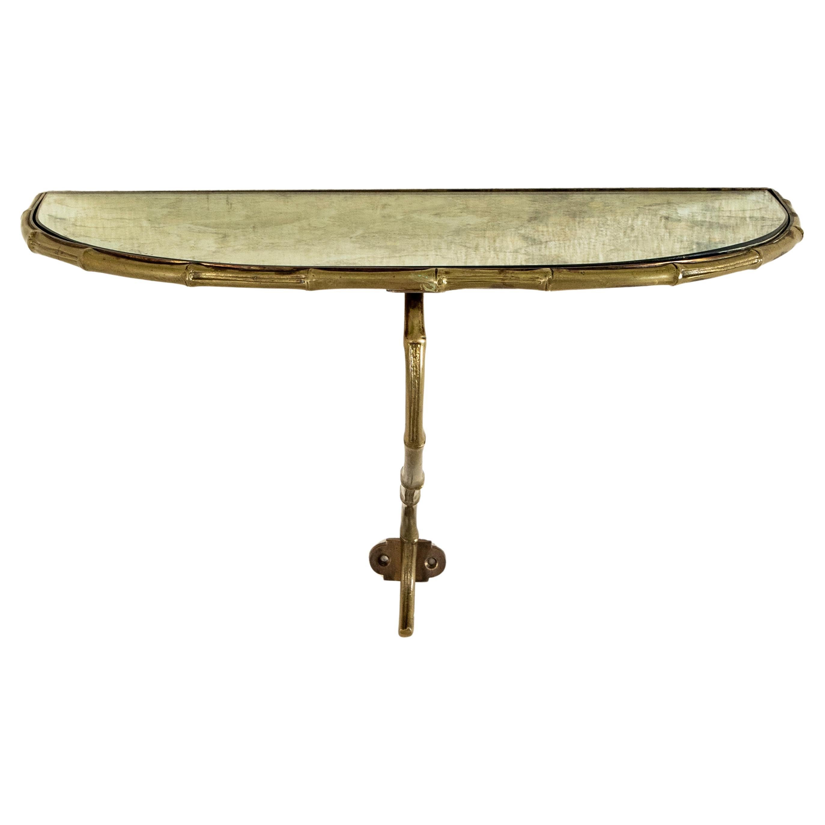 Early 20th Century French Faux Bamboo Brass and Mirrored Glass Wall Shelf For Sale