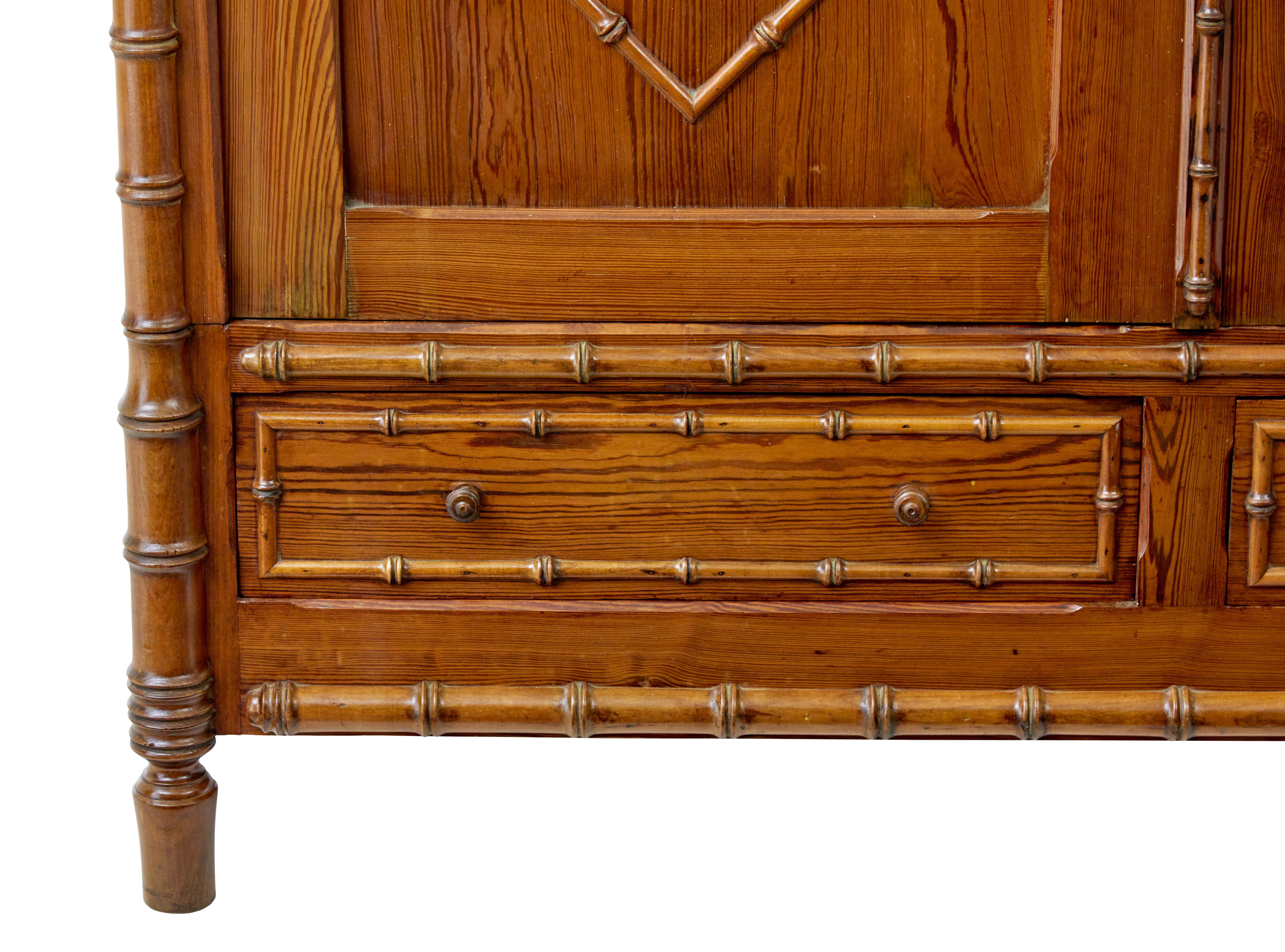 Early 20th century French faux bamboo pine wardrobe In Good Condition In Debenham, Suffolk