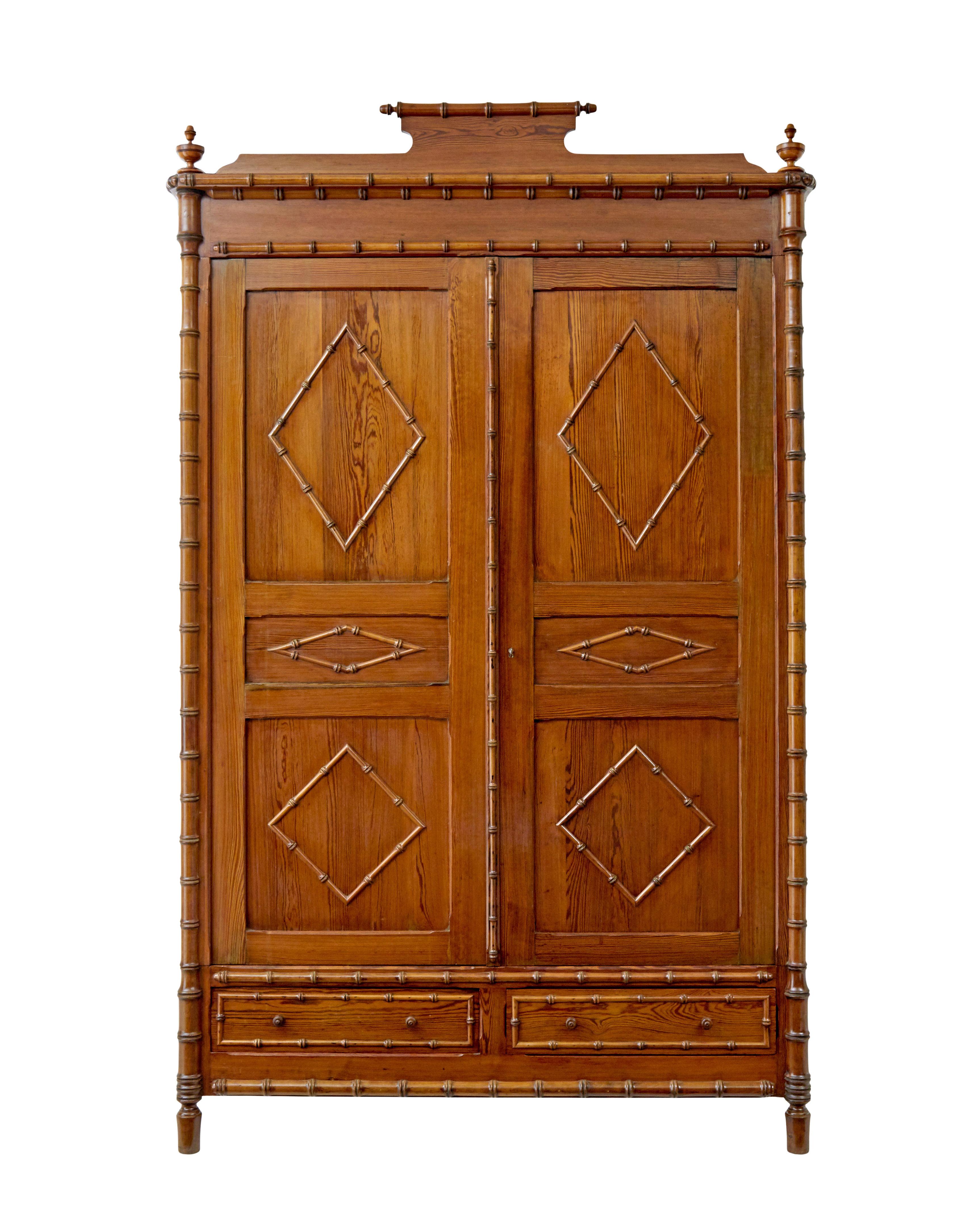 Early 20th century French faux bamboo pine wardrobe 1