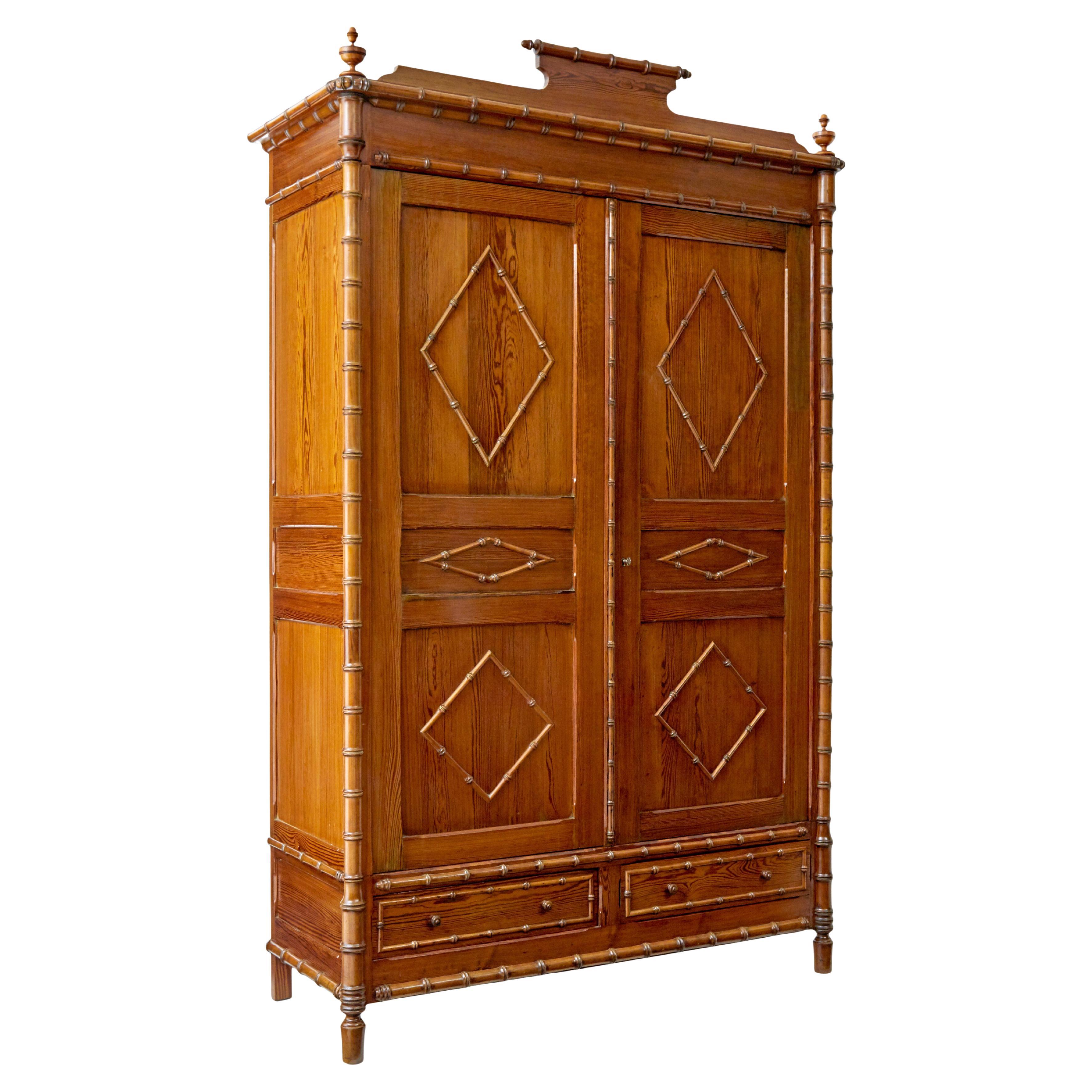 Early 20th century French faux bamboo pine wardrobe