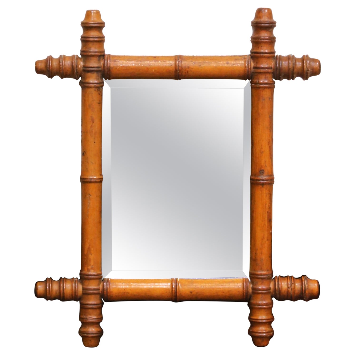 Early 20th Century French Faux Bamboo Wall Mirror with Beveled Glass