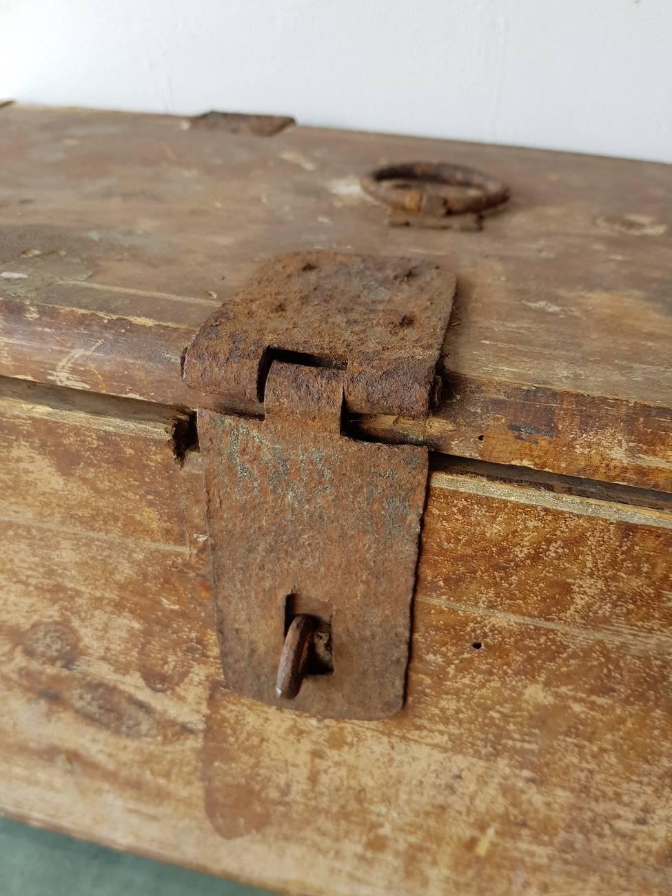 Old French rural wooden box with metal fittings and wood painting in French 