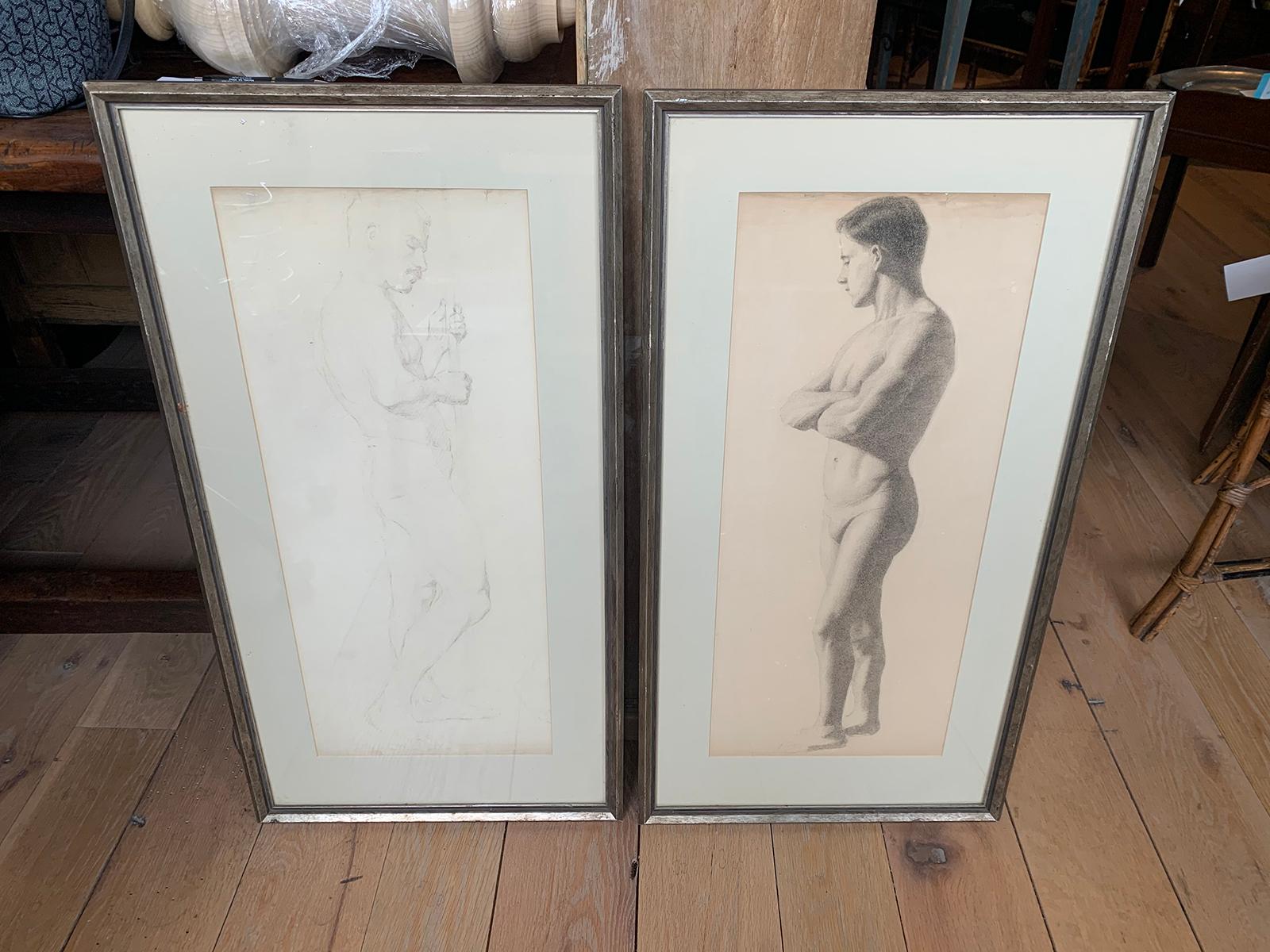 Pair of Late 19th-early 20th century French figurative charcoal drawings of nude male, unsigned.