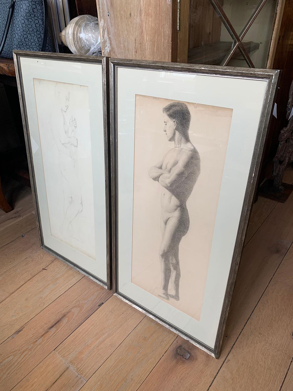 Early 20th Century French Figurative Charcoal Drawings of Nude Male, Unsigned In Good Condition For Sale In Atlanta, GA