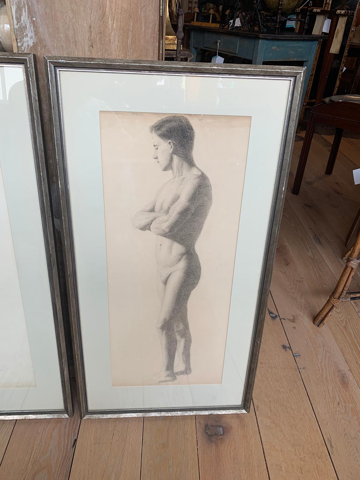 Early 20th Century French Figurative Charcoal Drawings of Nude Male, Unsigned For Sale 1
