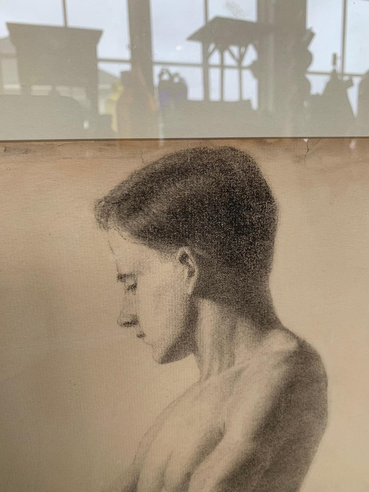 Early 20th Century French Figurative Charcoal Drawings of Nude Male, Unsigned For Sale 2