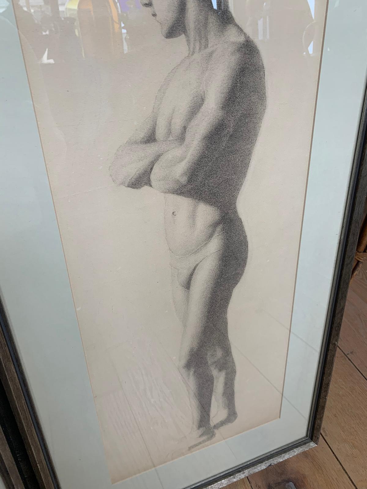Early 20th Century French Figurative Charcoal Drawings of Nude Male, Unsigned For Sale 3