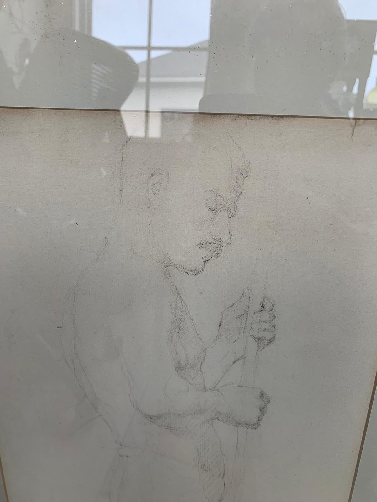 Early 20th Century French Figurative Charcoal Drawings of Nude Male, Unsigned For Sale 4