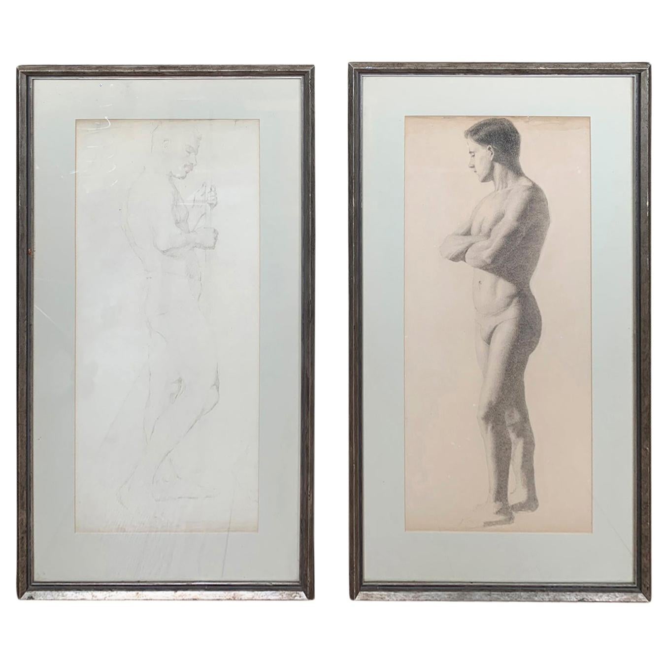 Early 20th Century French Figurative Charcoal Drawings of Nude Male, Unsigned