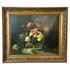 Pittura a olio floreale francese dei primi del Novecento con cornice in legno d'orato, circa 1900