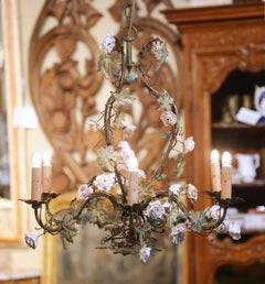 Early 20th Century French Floral Six-Light Metal Chandelier with Porcelain Bird