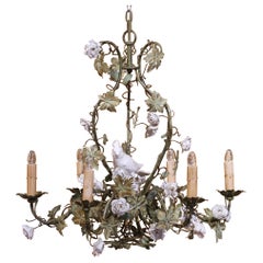 Early 20th Century French Floral Six-Light Metal Chandelier with Porcelain Bird