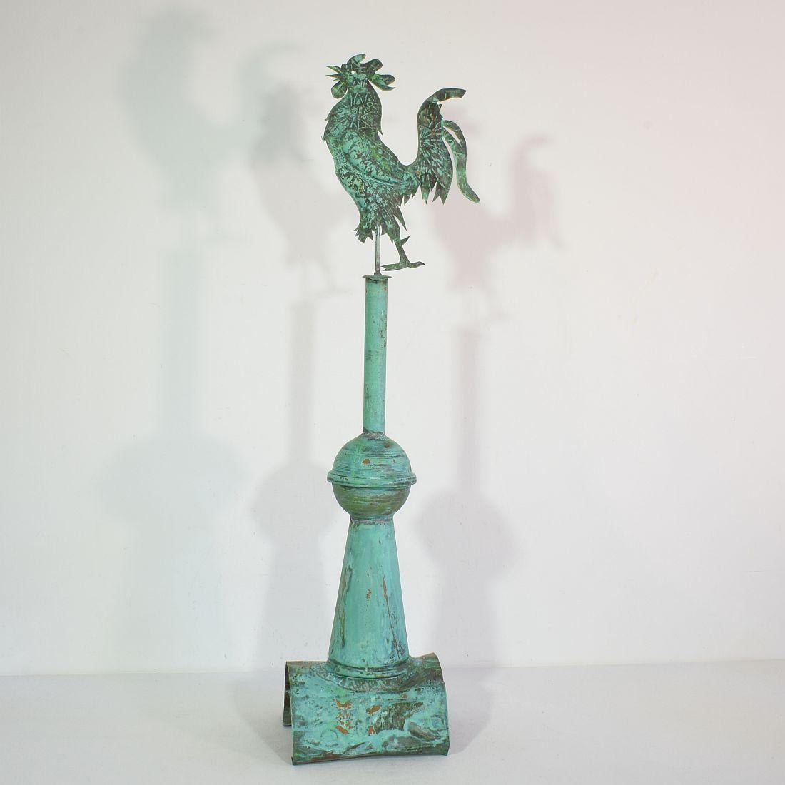 Wonderful folk art copper weather-vane with rooster. A real unique find with gorgeous vert de gris patine.
France, circa 1900-19200. 
Weathered and small losses.