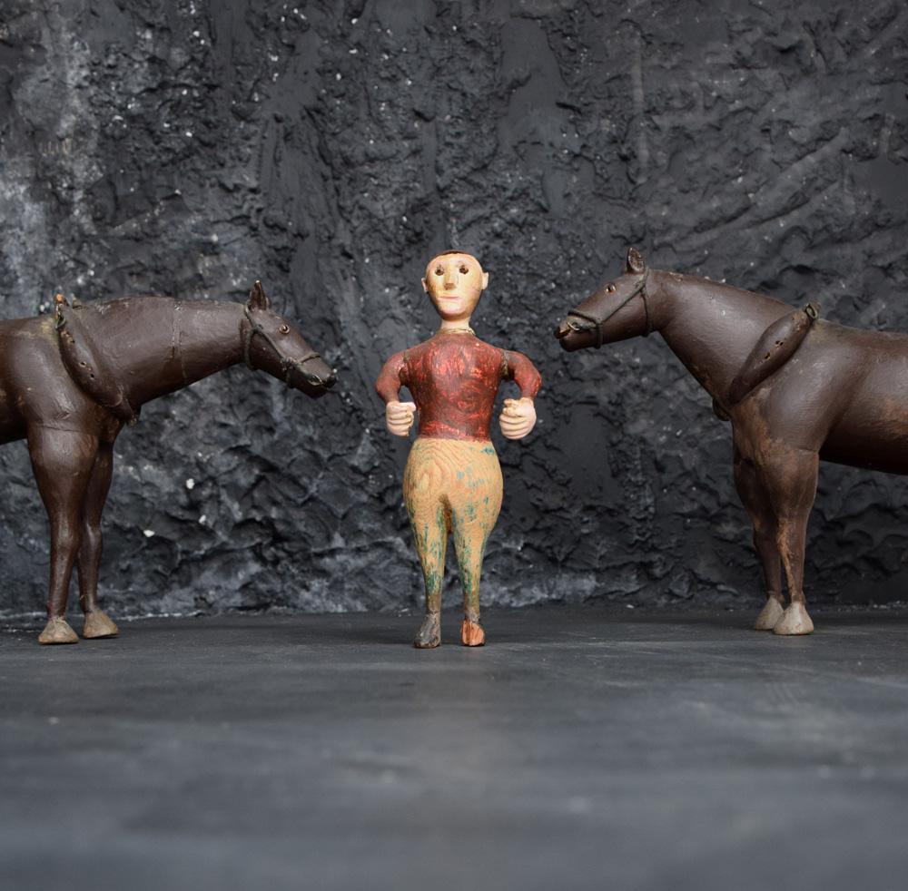 Hand-Carved Early 20th Century French Folk Art Horse and Jockey Figures