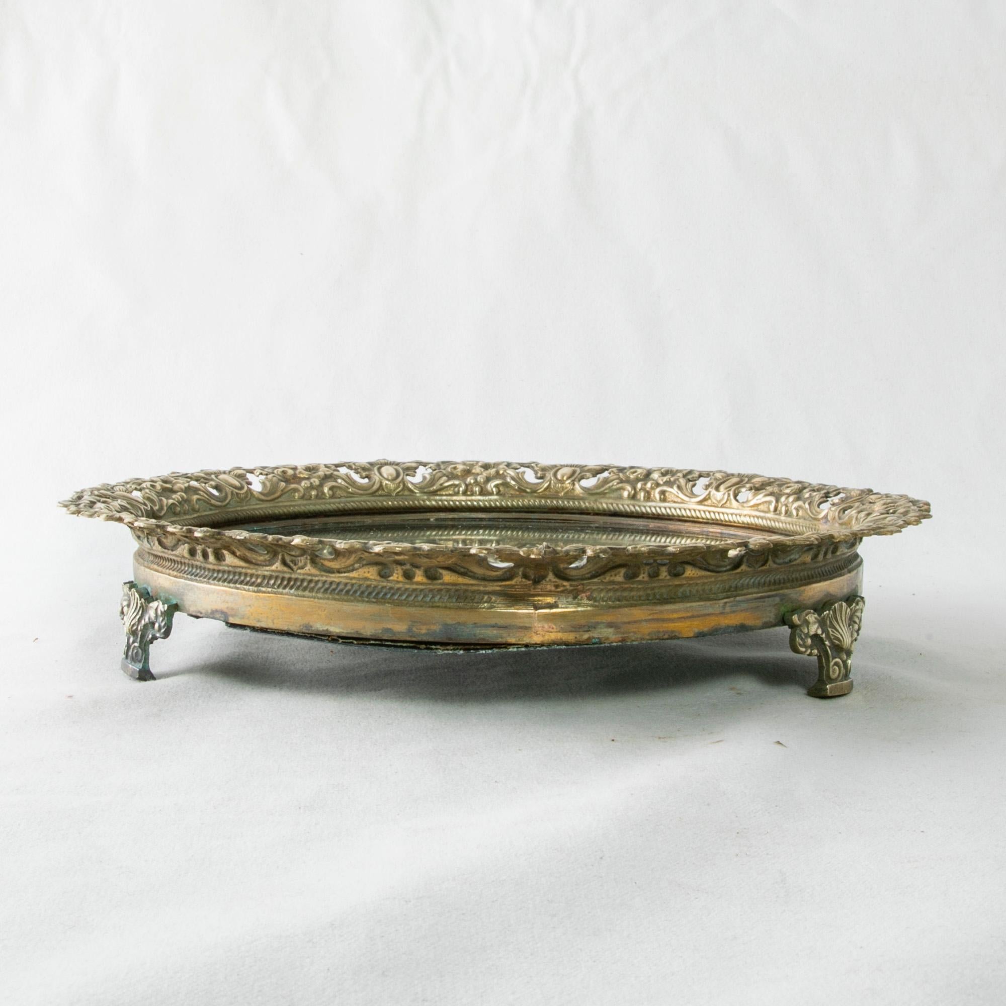 Early 20th Century French Footed Bronze Vanity Tray with Mirror In Good Condition In Fayetteville, AR