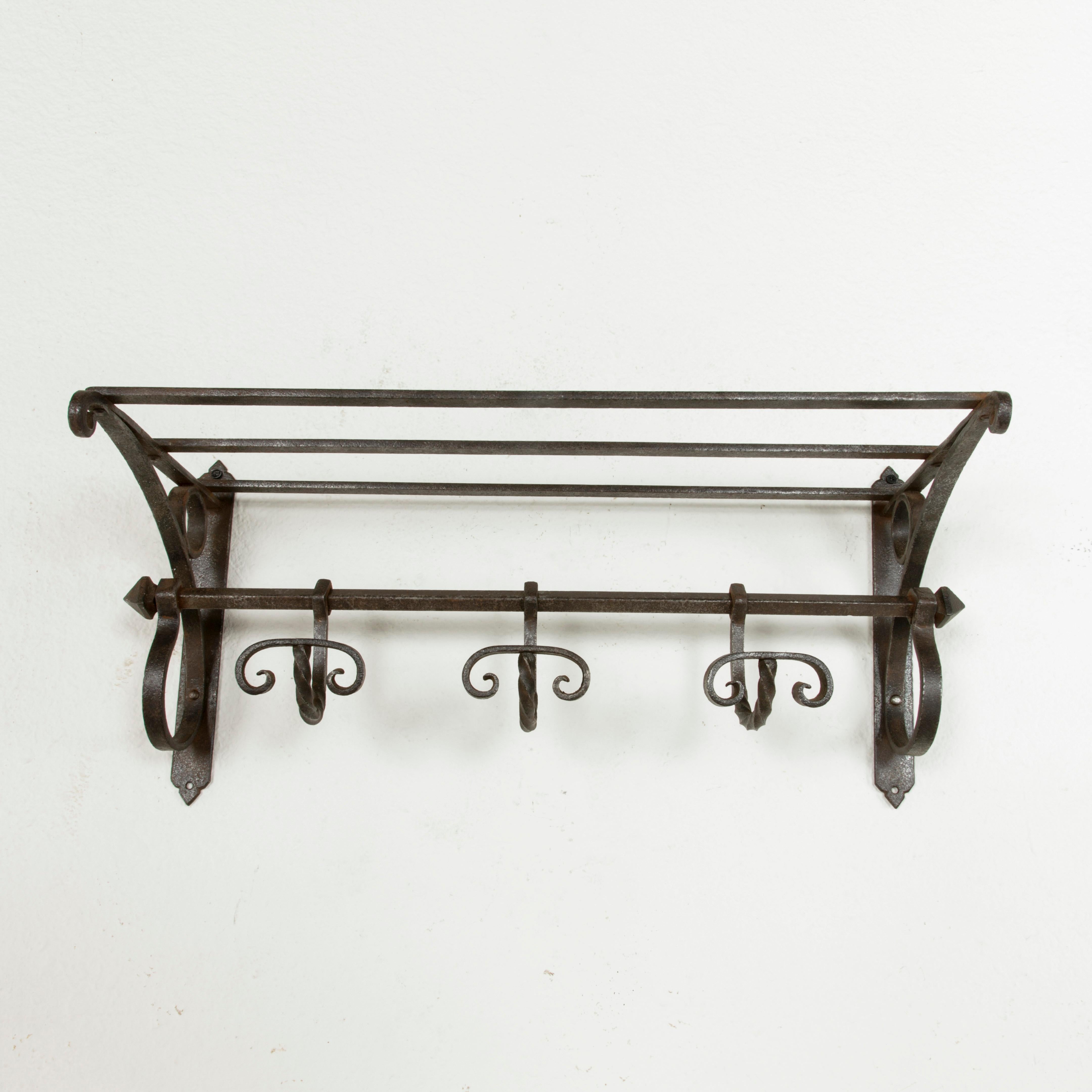 Early 20th Century French Iron Coat and Hat Rack with Hooks and Shelf at 1stDibs